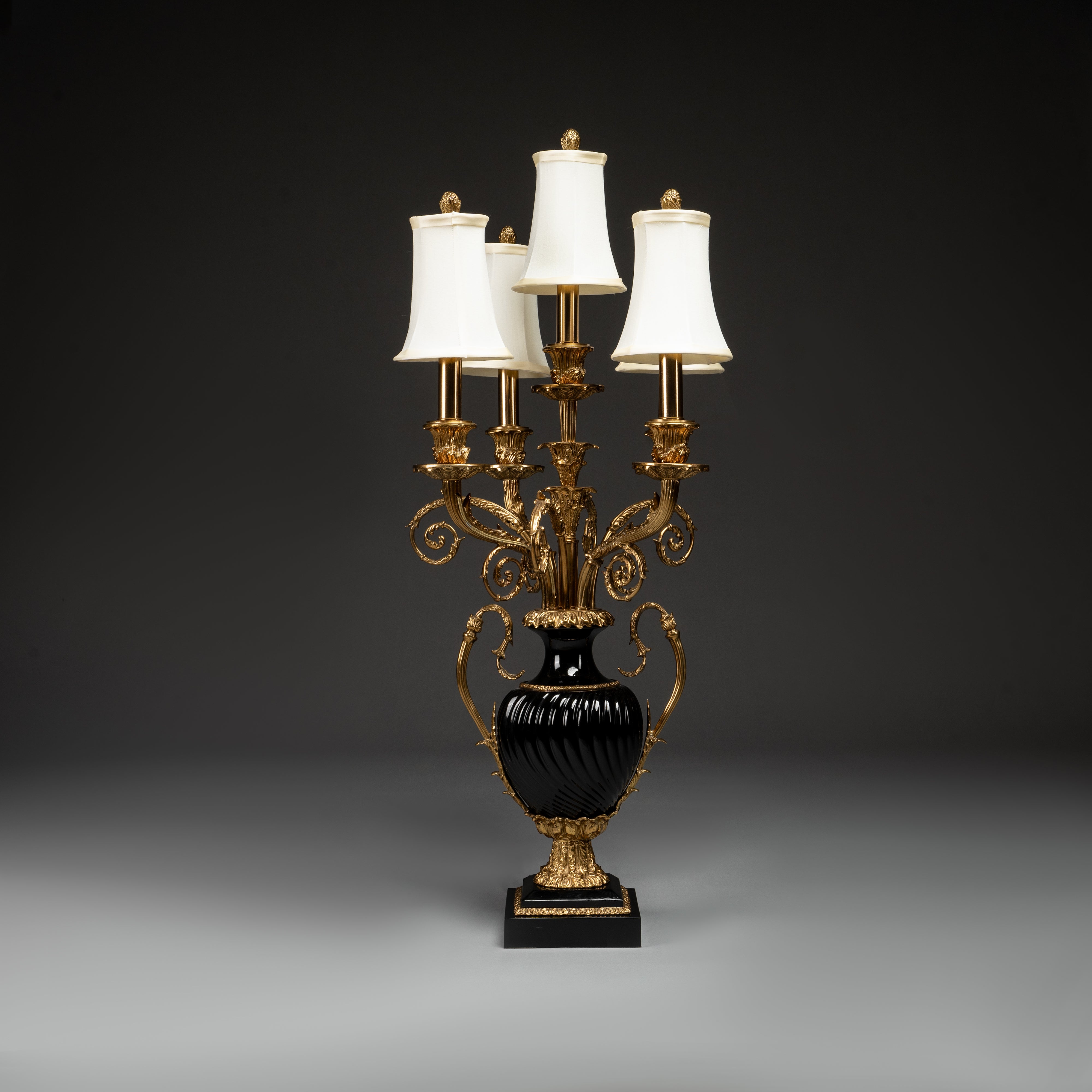 Grand Black and Gold Candelabra Table Lamp with Five Shades