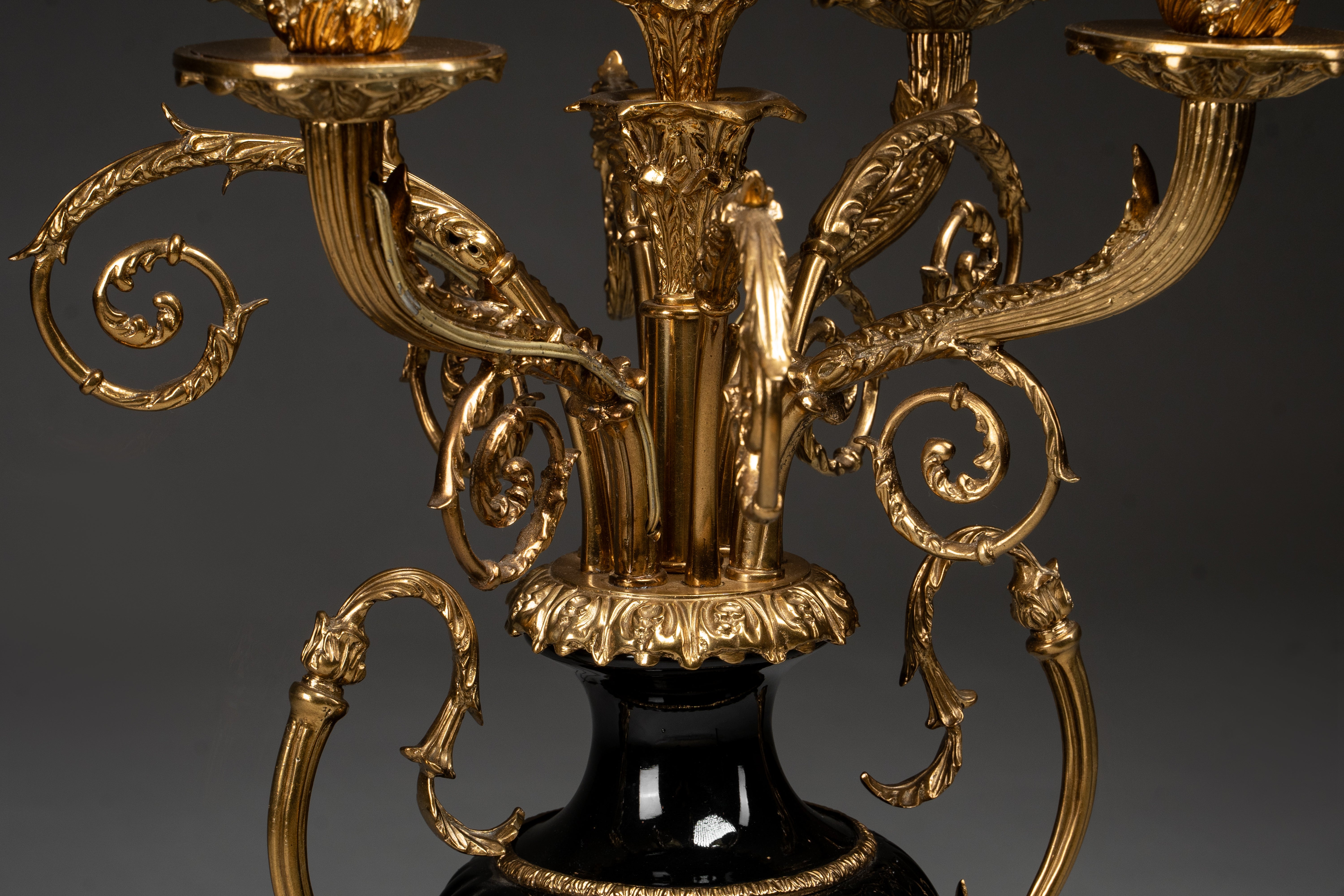 Grand Black and Gold Candelabra Table Lamp with Five Shades
