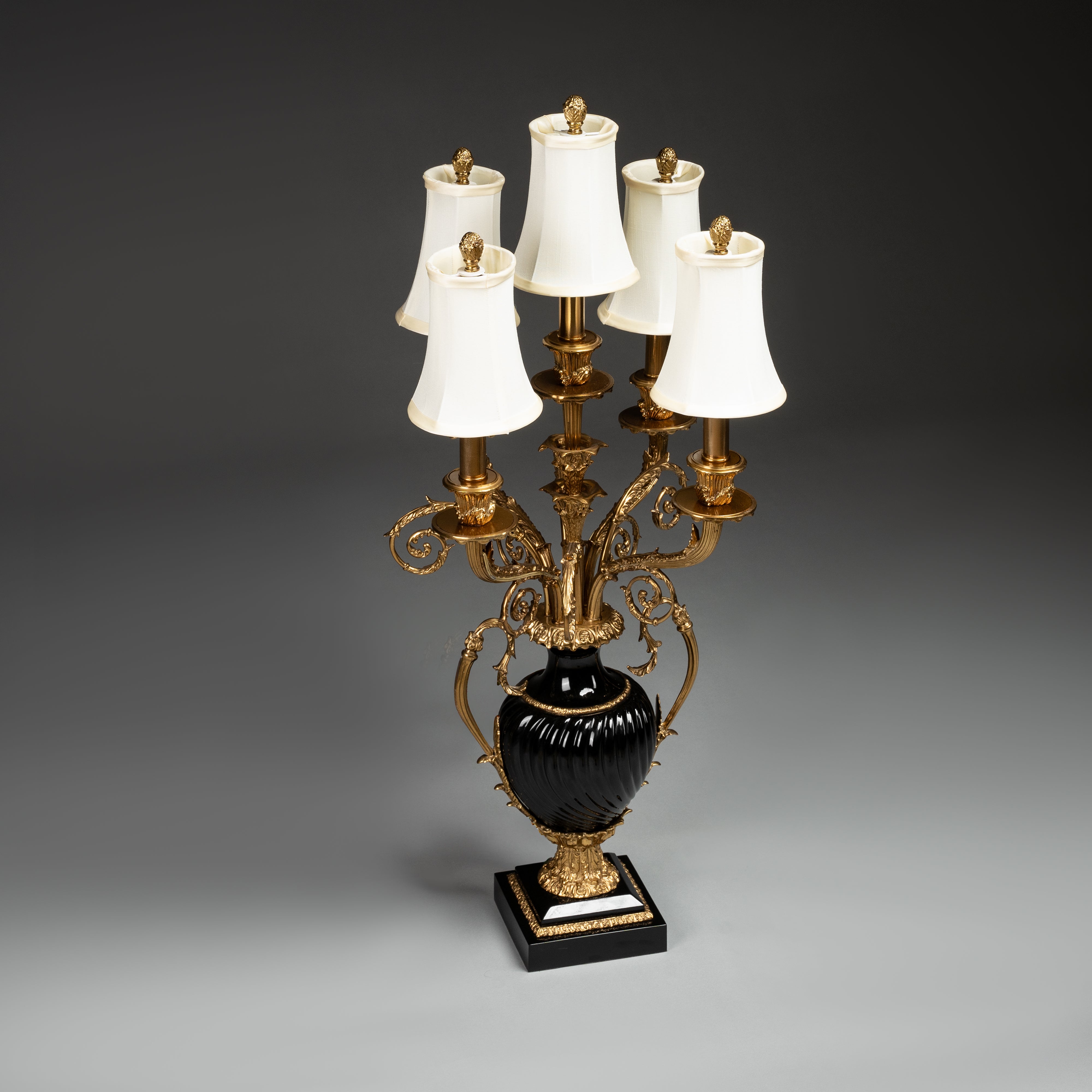 Grand Black and Gold Candelabra Table Lamp with Five Shades