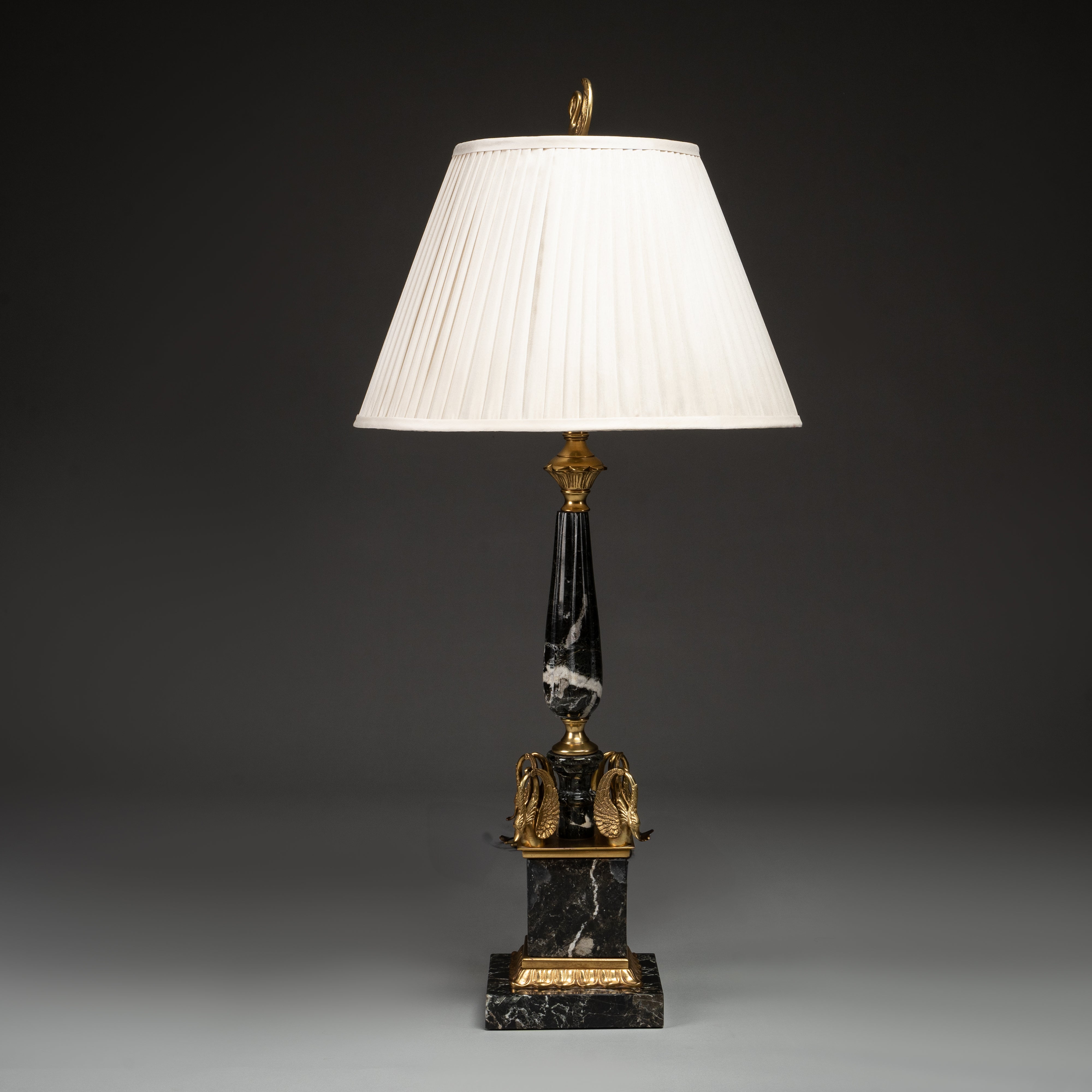 Black Marble and Gold Table Lamp with Pleated Shade and Swan Accents