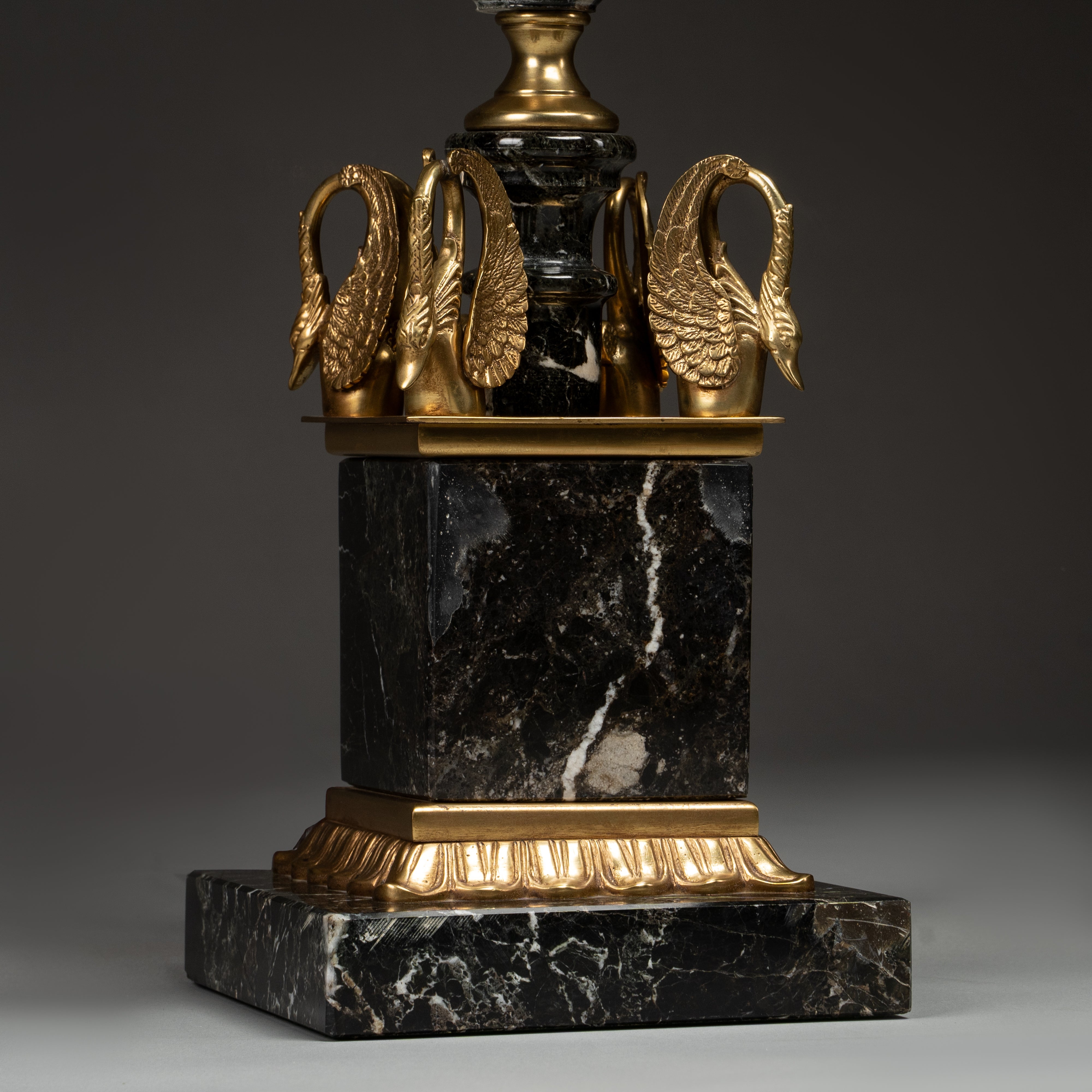 Black Marble and Gold Table Lamp with Pleated Shade and Swan Accents