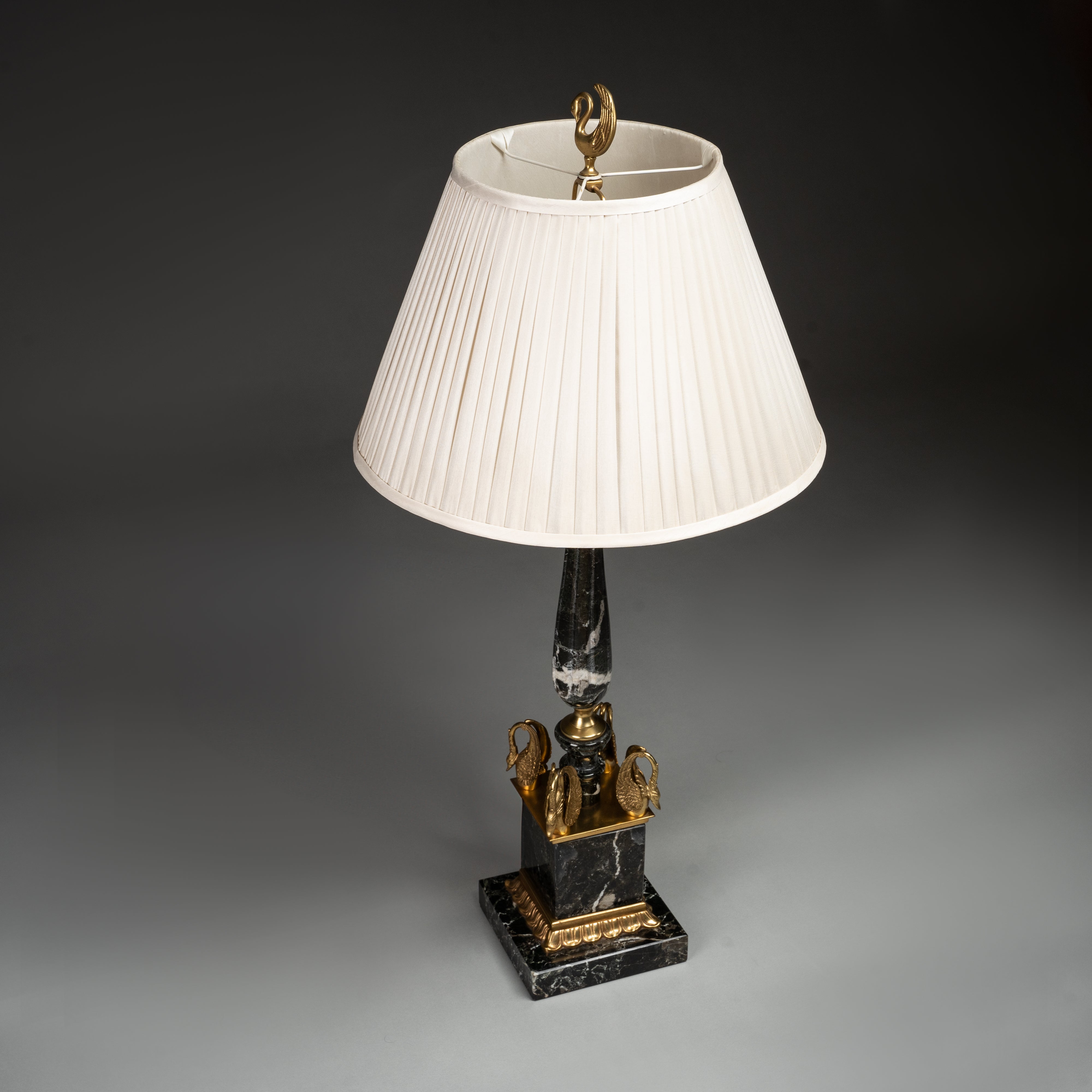 Black Marble and Gold Table Lamp with Pleated Shade and Swan Accents