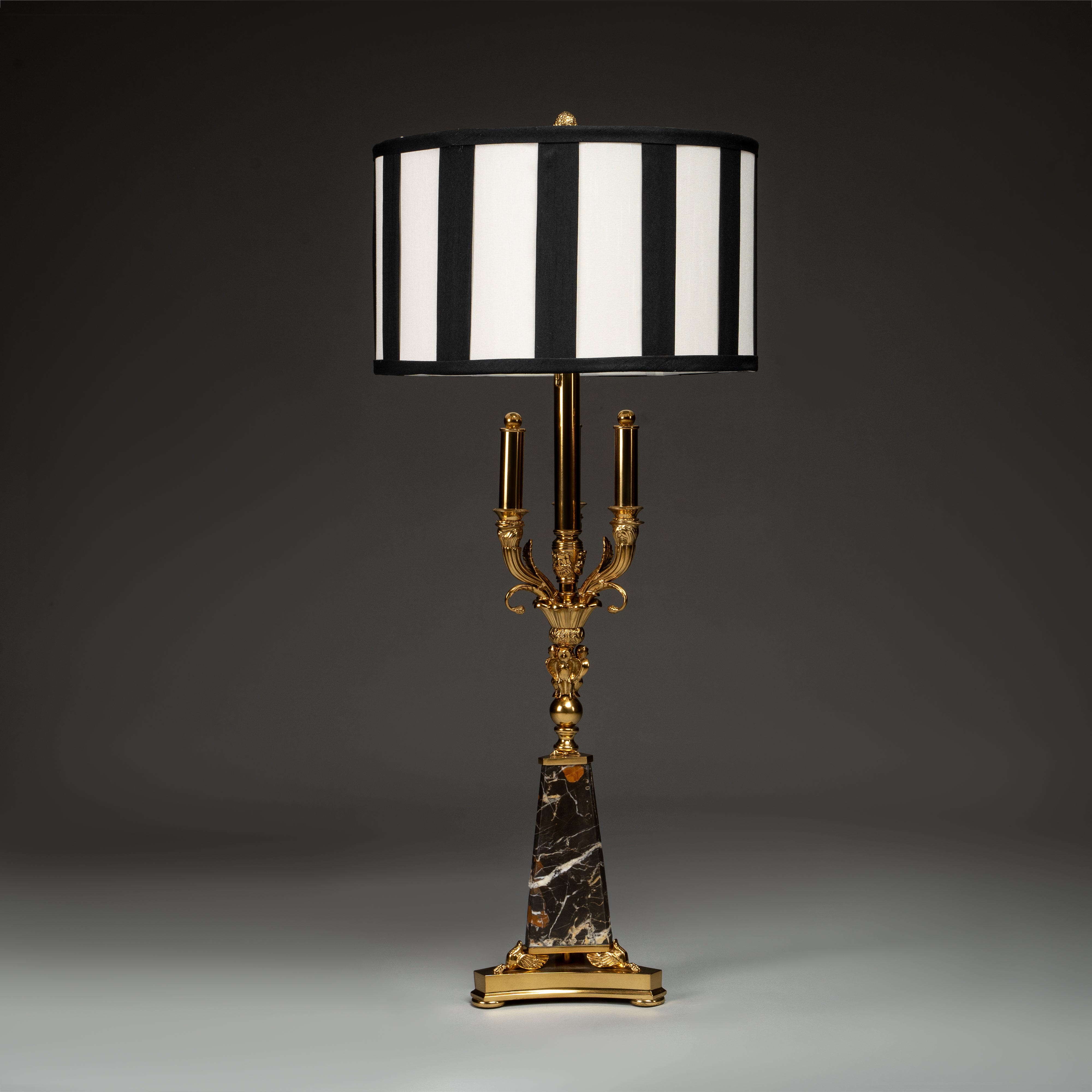 Black Marble and Gold Candelabra Table Lamp with Striped Shade