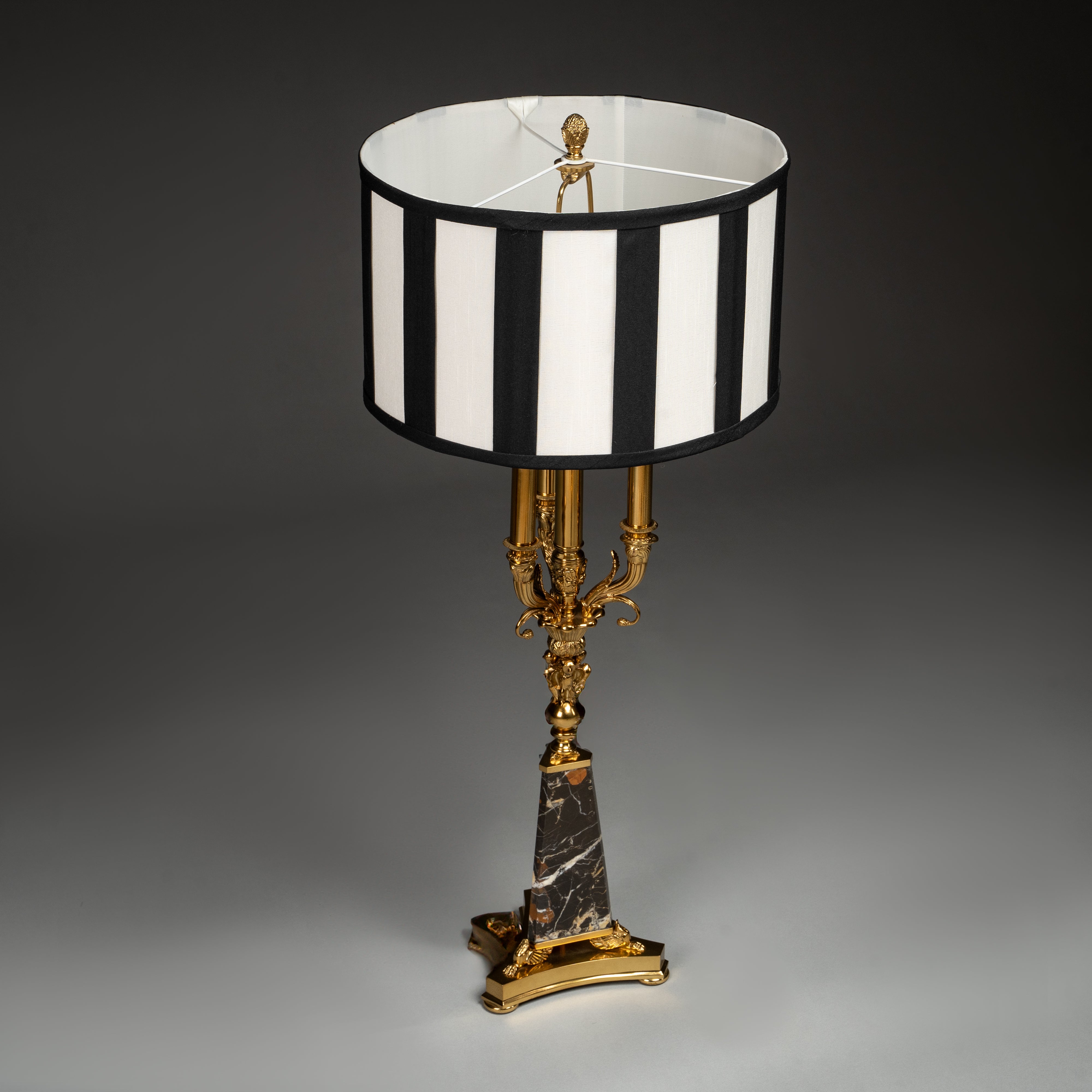 Black Marble and Gold Candelabra Table Lamp with Striped Shade