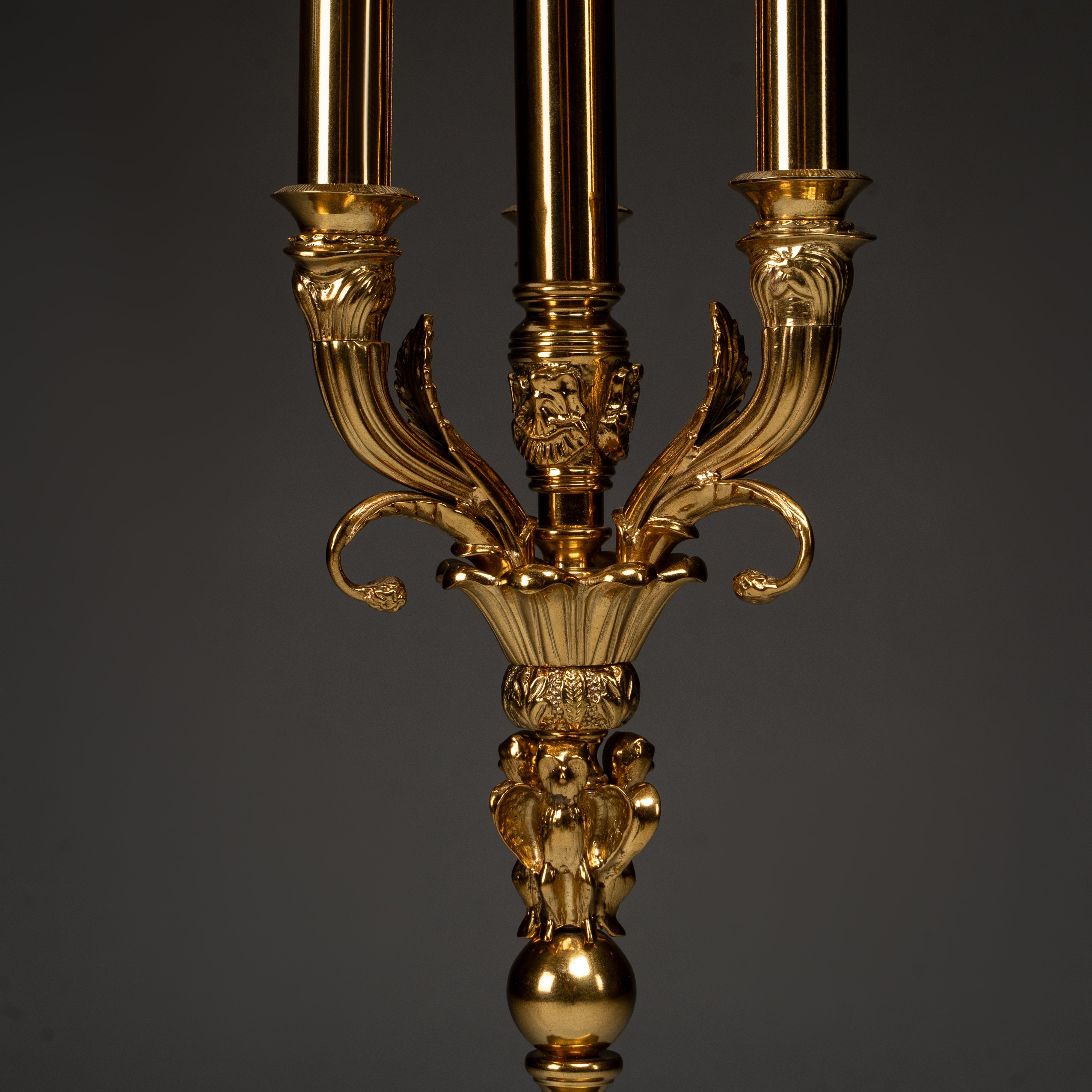 Black Marble and Gold Candelabra Table Lamp with Striped Shade