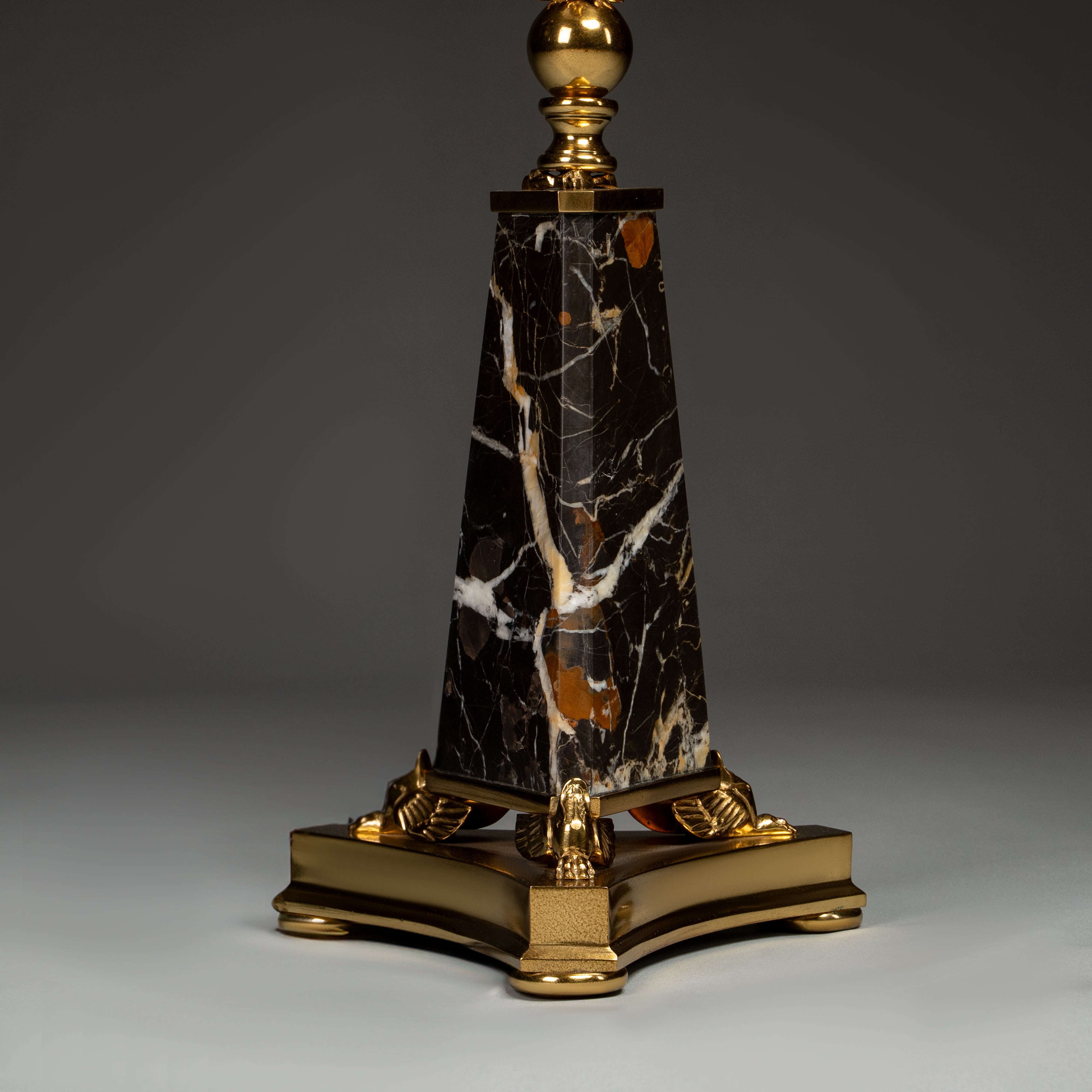 Black Marble and Gold Candelabra Table Lamp with Striped Shade