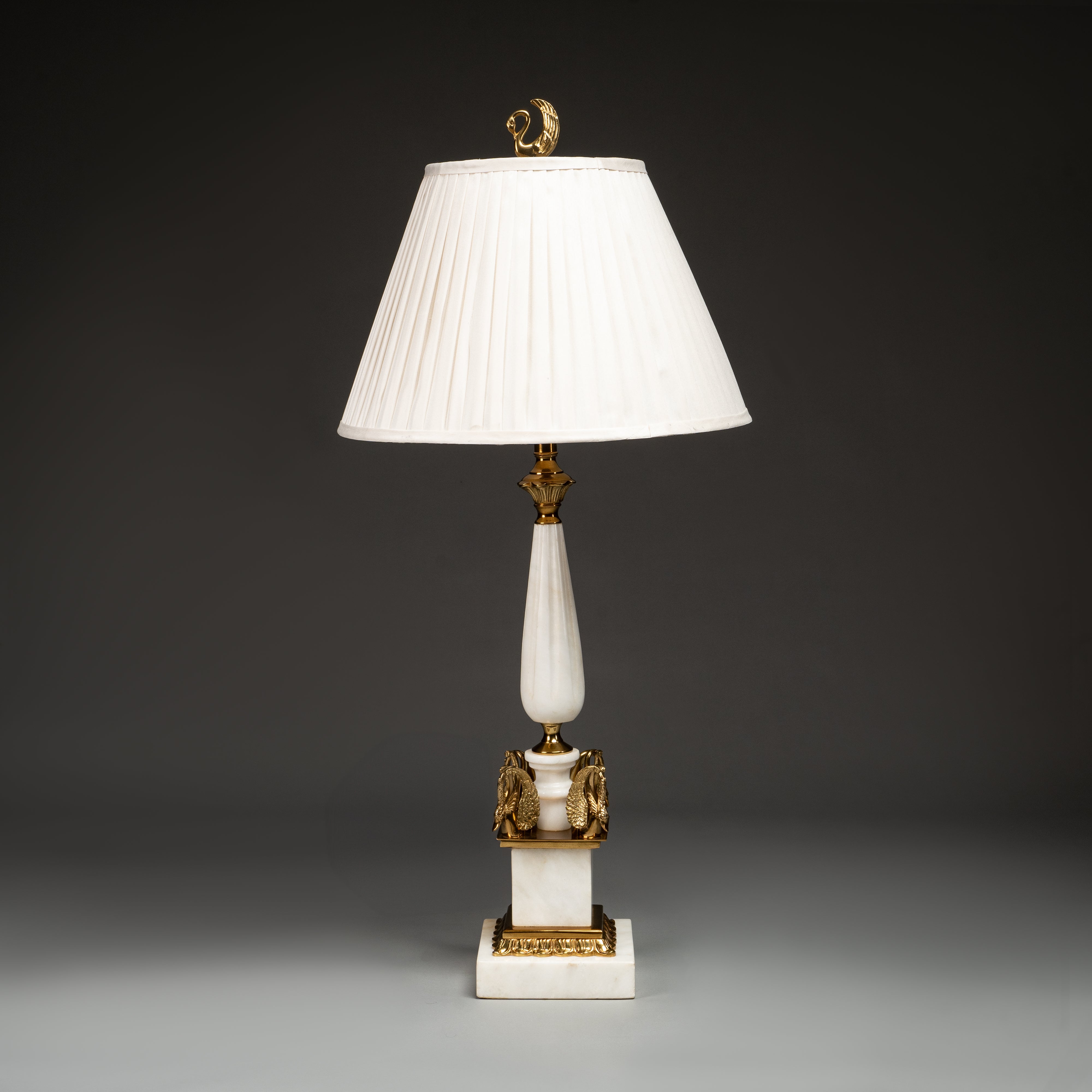 White Marble and Gold Table Lamp with Swan Detail and Pleated Shade