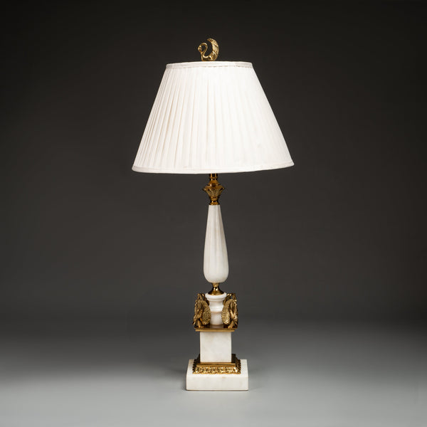 White Marble and Gold Table Lamp with Swan Detail and Pleated Shade