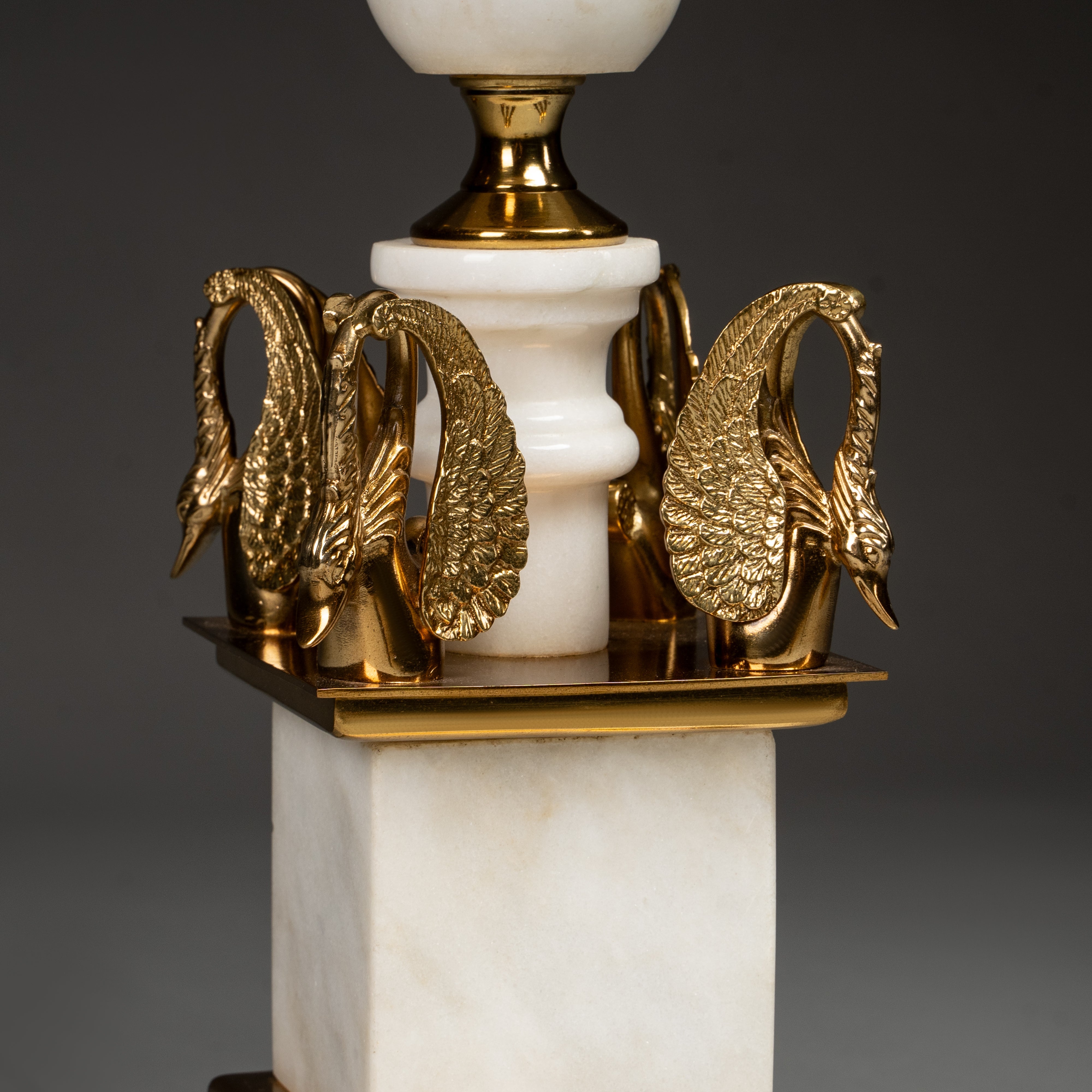 White Marble and Gold Table Lamp with Swan Detail and Pleated Shade