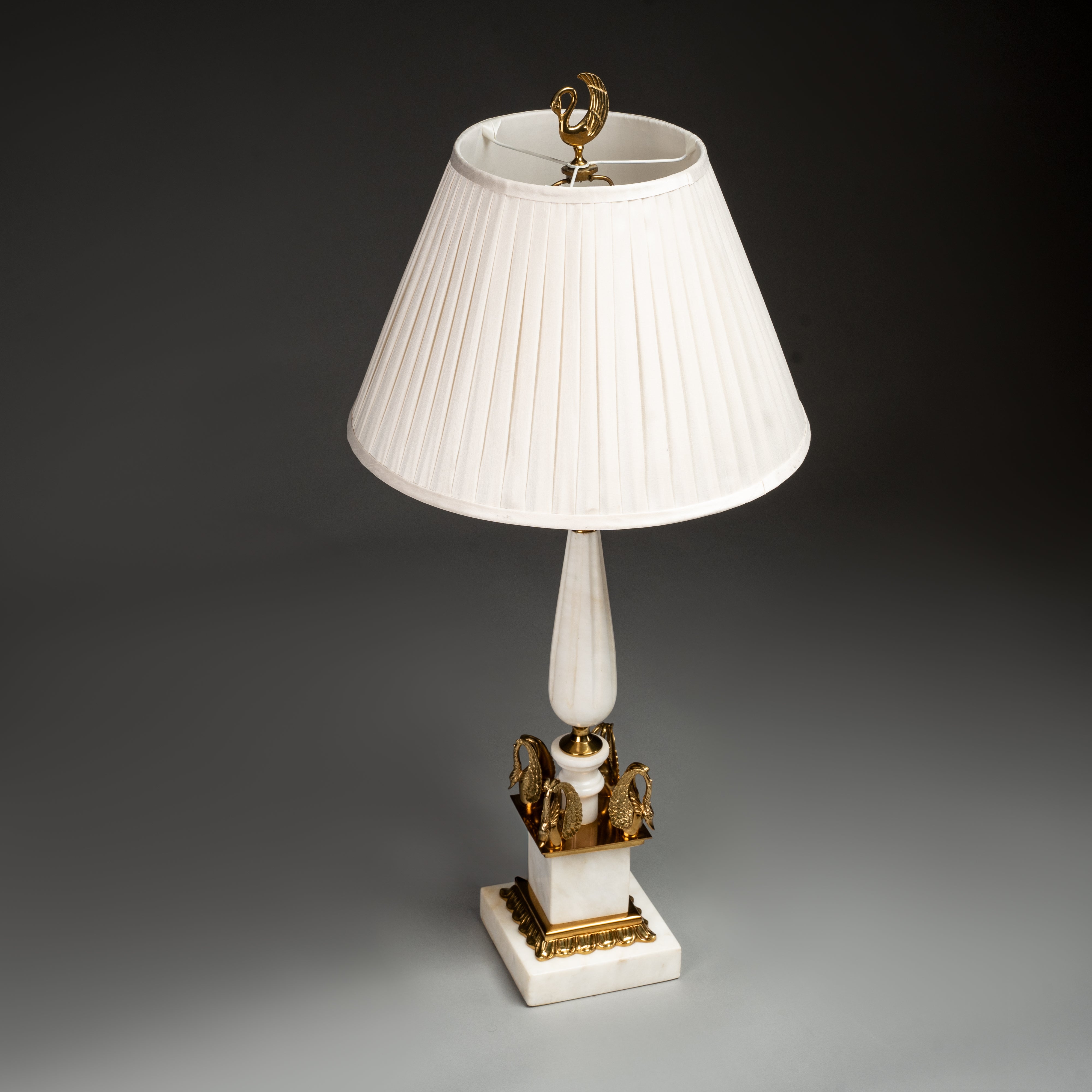 White Marble and Gold Table Lamp with Swan Detail and Pleated Shade