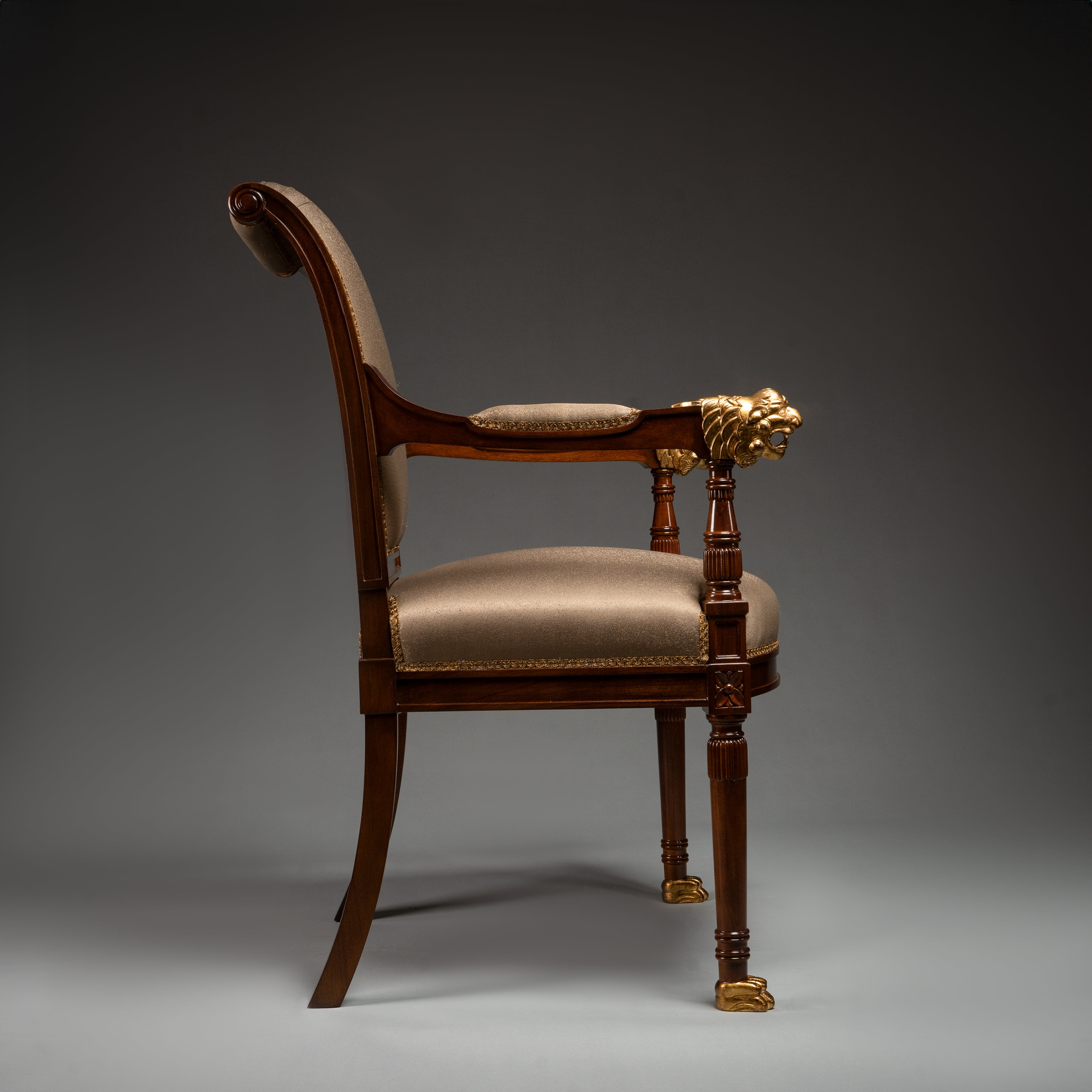 Empire-Style Mahogany Armchair with Gold Lion Head and Paw Details