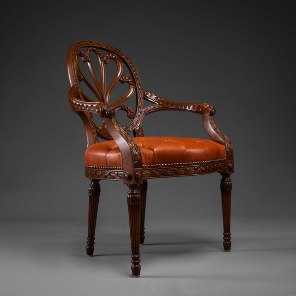 Mahogany Armchair with Carved Fan Back and Tufted Leather Seat