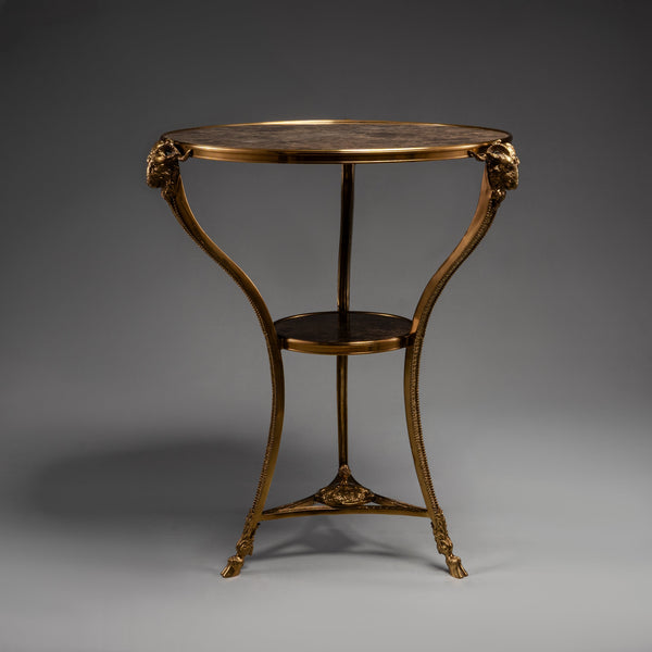 Elegant Round Side Table with Marble Top and Brass Ram Head Motifs