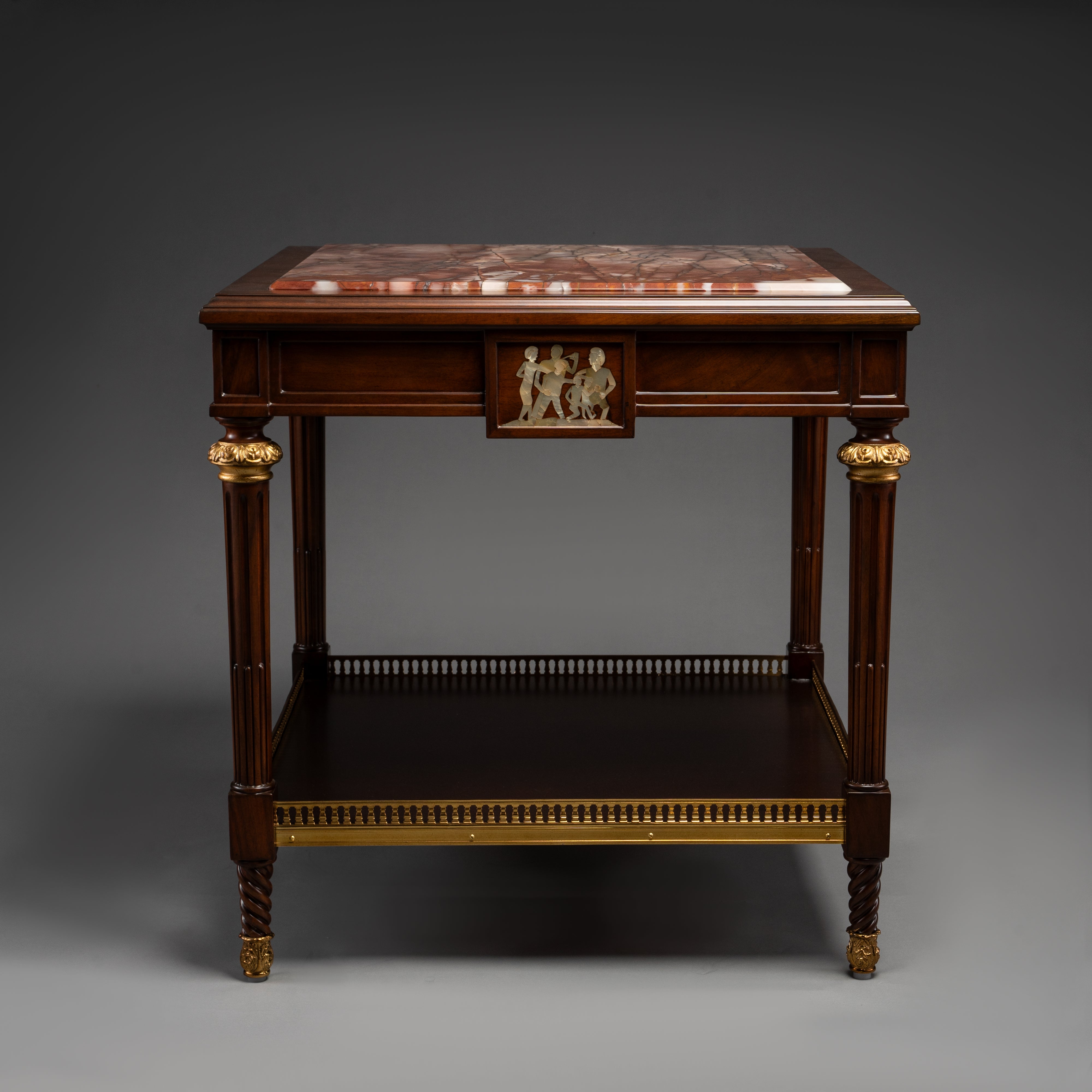 Neoclassical Square Side Table with Marble Top and Gilt Brass Accents