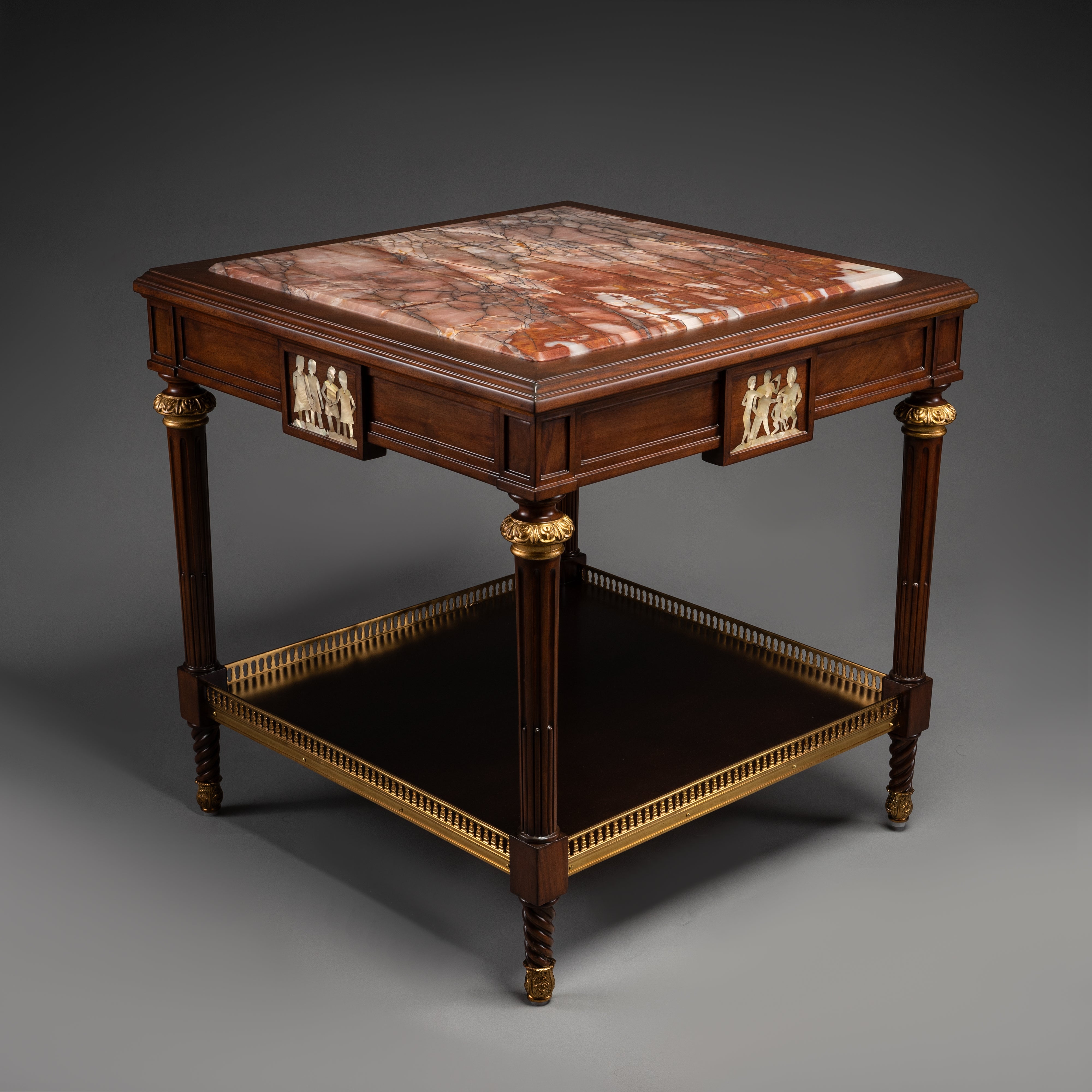 Neoclassical Square Side Table with Marble Top and Gilt Brass Accents