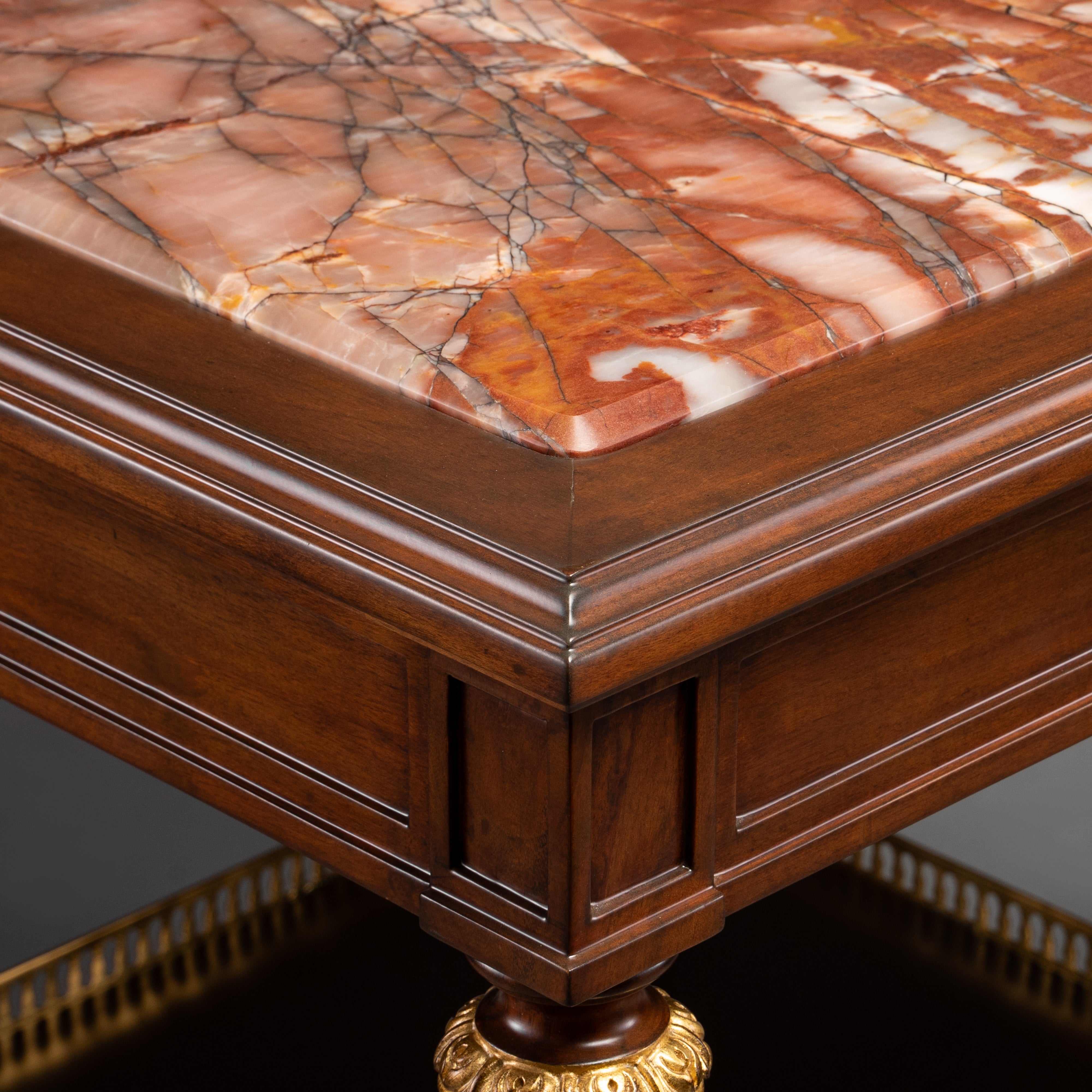Neoclassical Square Side Table with Marble Top and Gilt Brass Accents