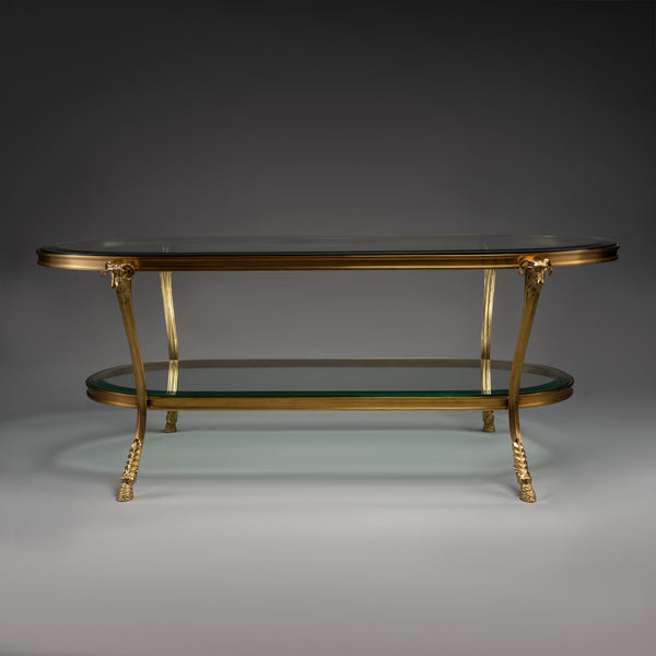 Oval Brass Coffee Table with Glass Shelves and Ram Head Accents