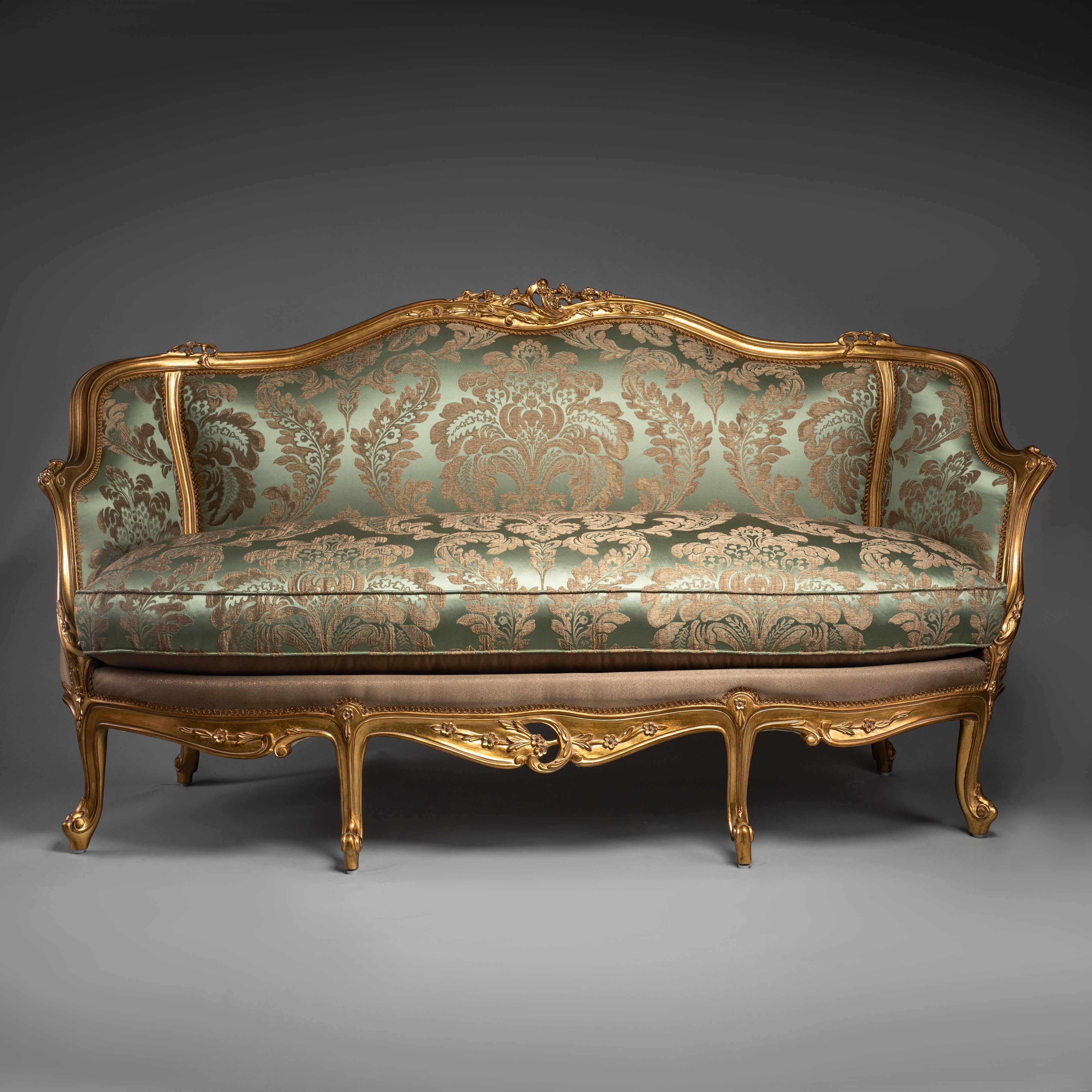 French Louis XV-Style Sofa with Gilded Frame and Green Brocade Upholstery