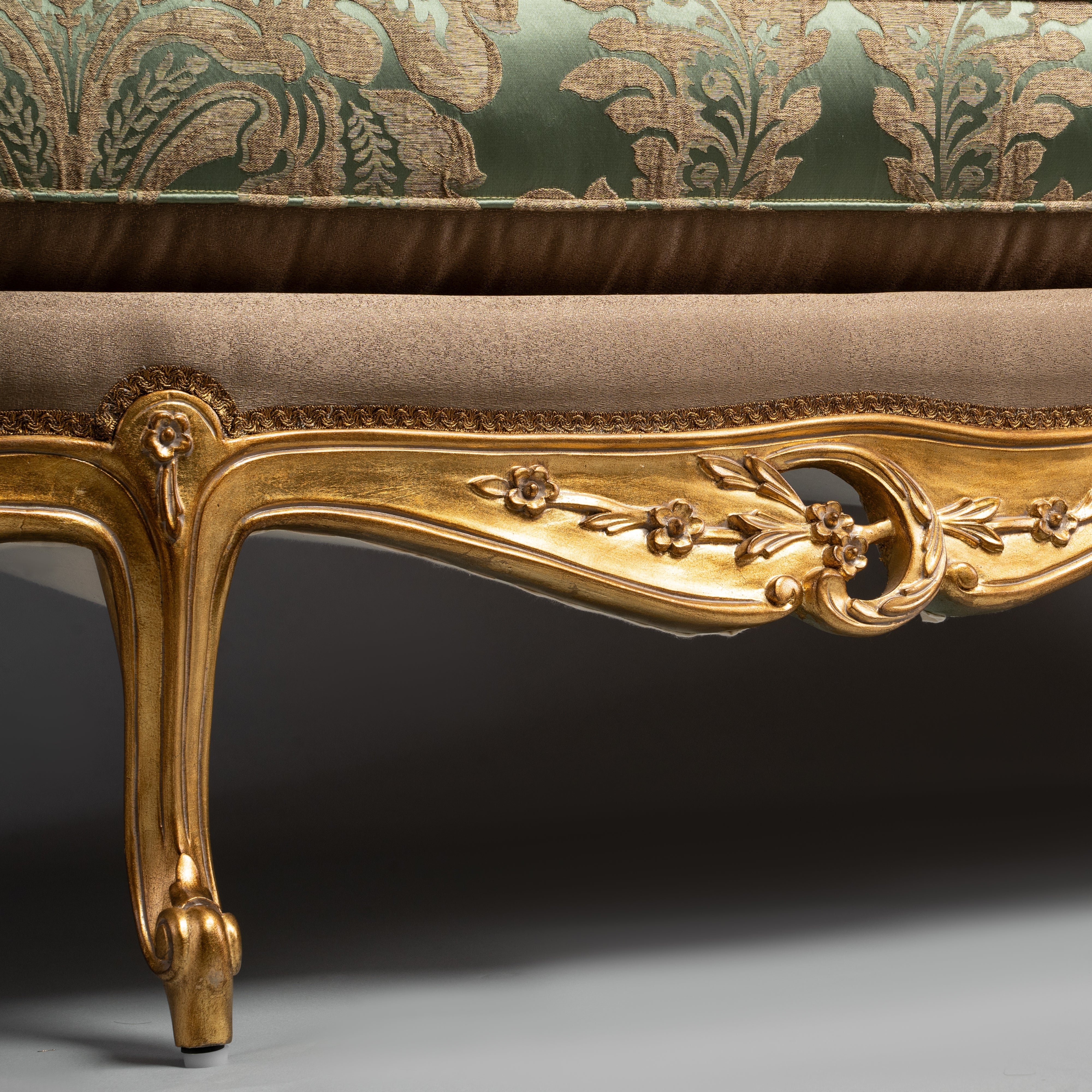 French Louis XV-Style Sofa with Gilded Frame and Green Brocade Upholstery