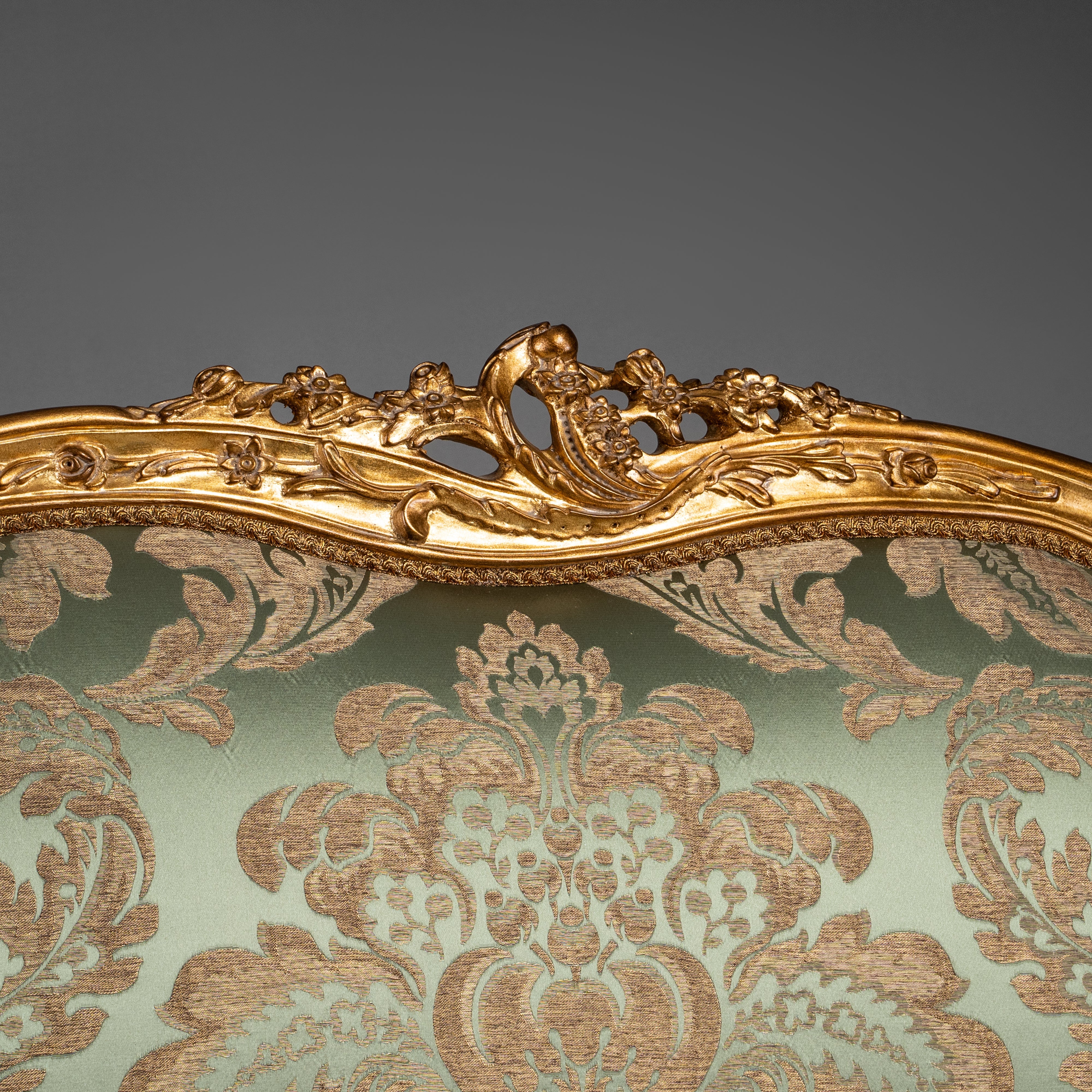 French Louis XV-Style Sofa with Gilded Frame and Green Brocade Upholstery