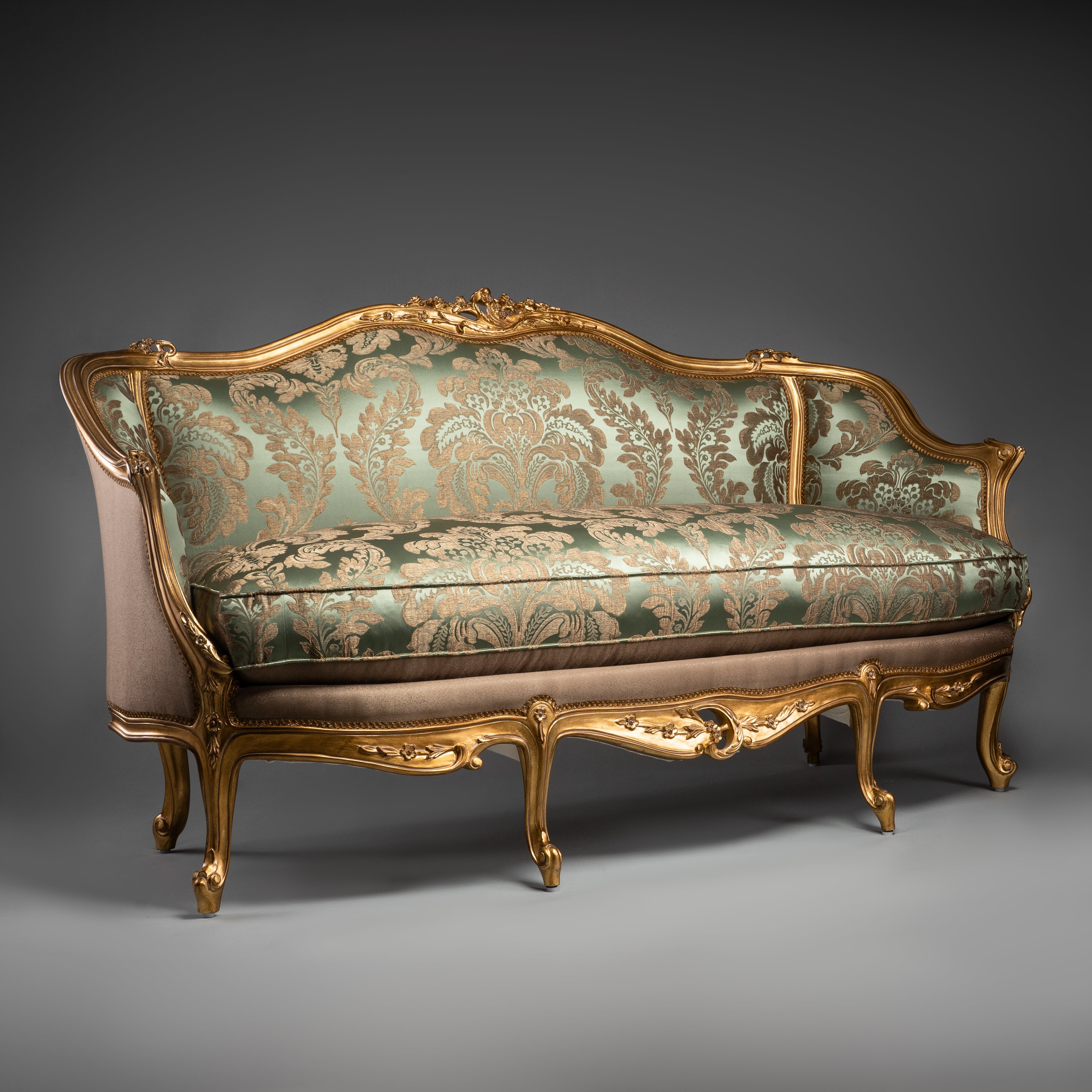 French Louis XV-Style Sofa with Gilded Frame and Green Brocade Upholstery