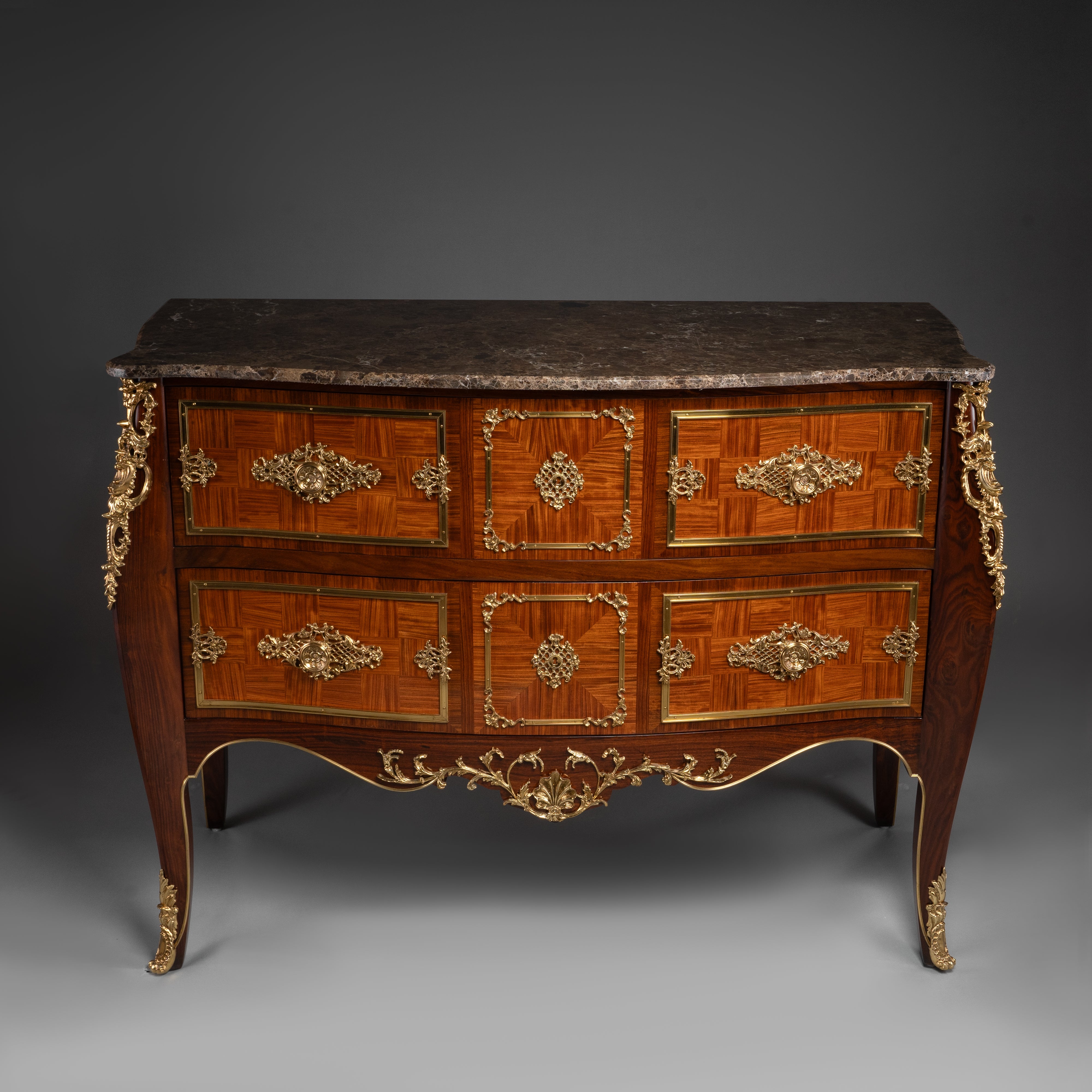 Louis XV Style Commode with Marble Top and Ornate Brass Detailing