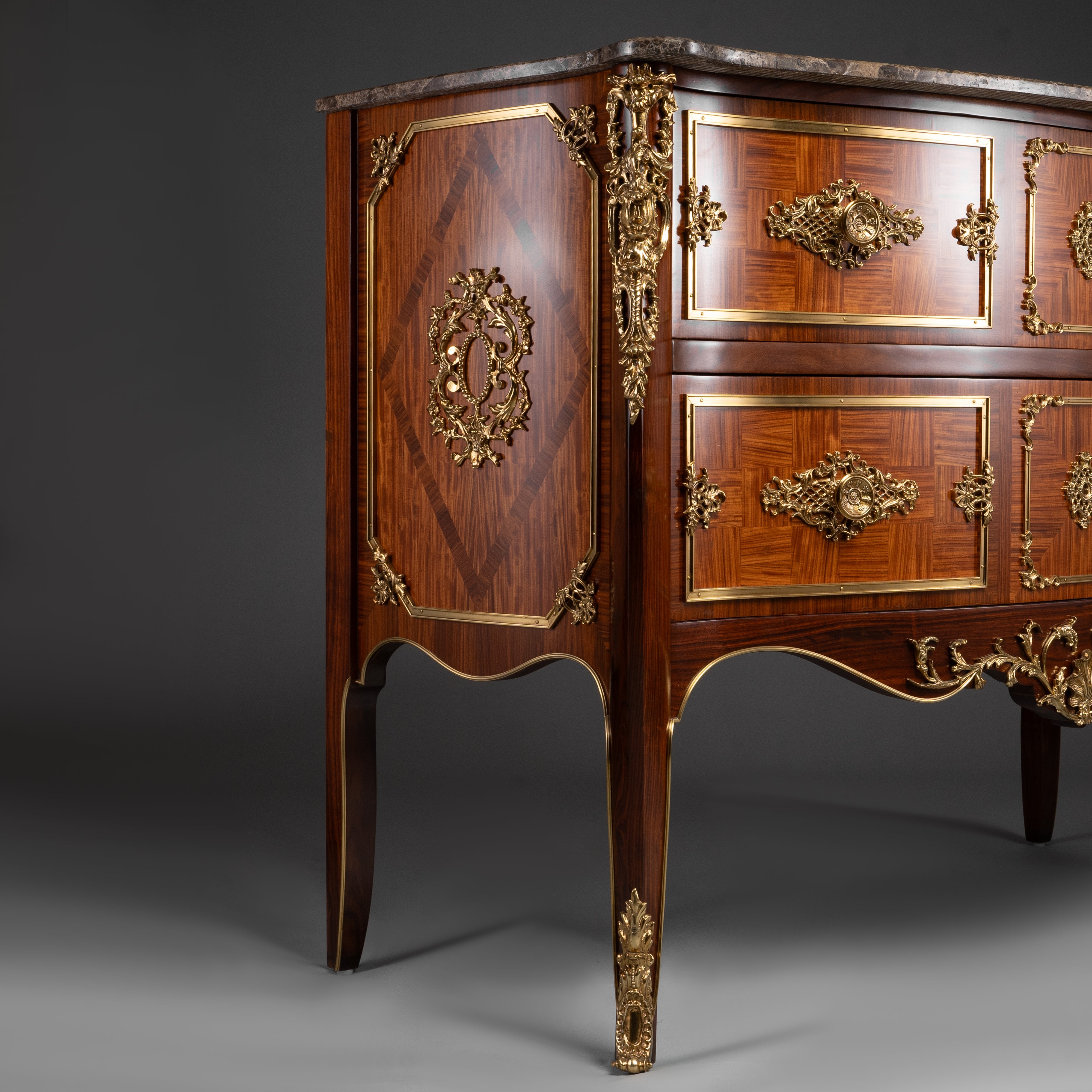 Louis XV Style Commode with Marble Top and Ornate Brass Detailing