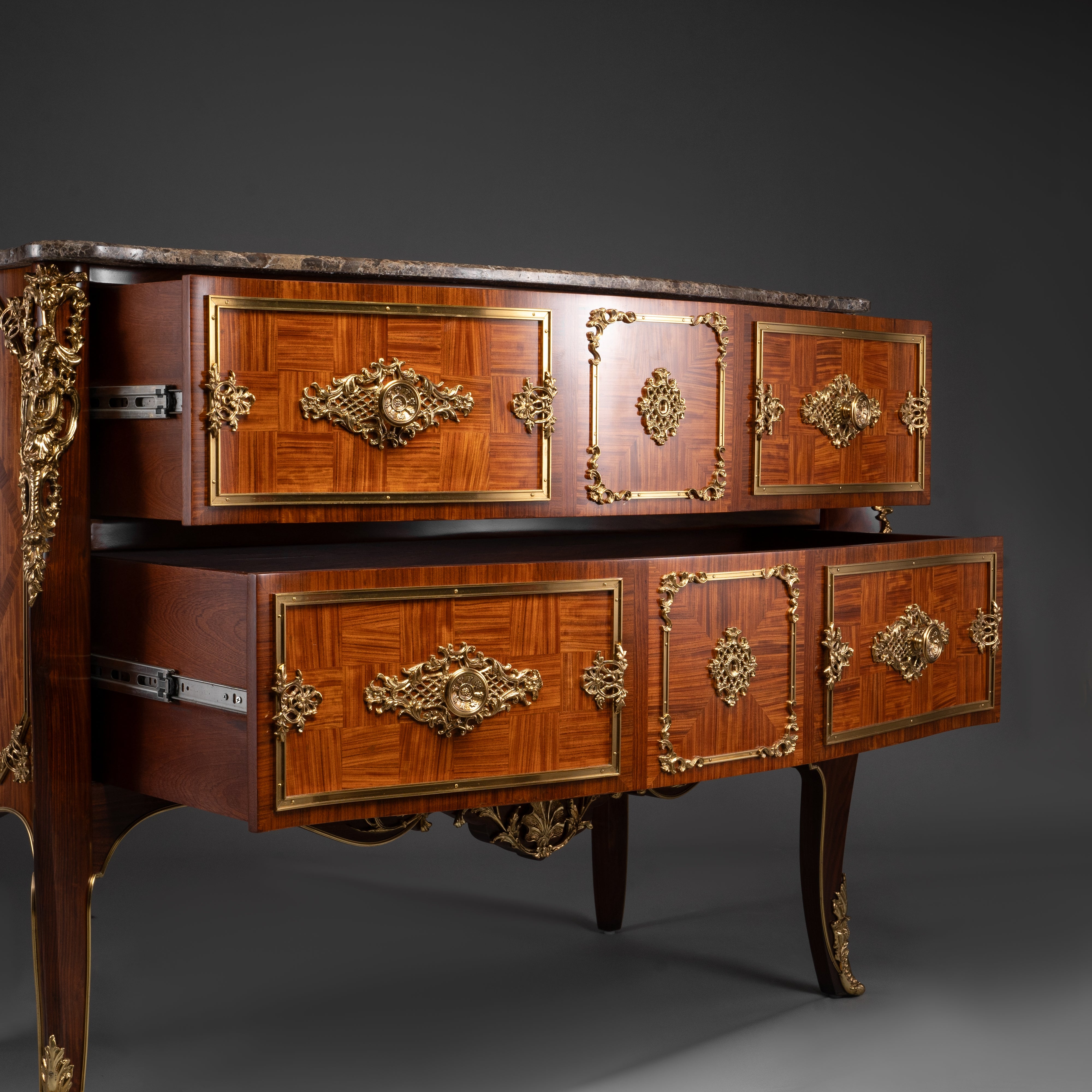 Louis XV Style Commode with Marble Top and Ornate Brass Detailing