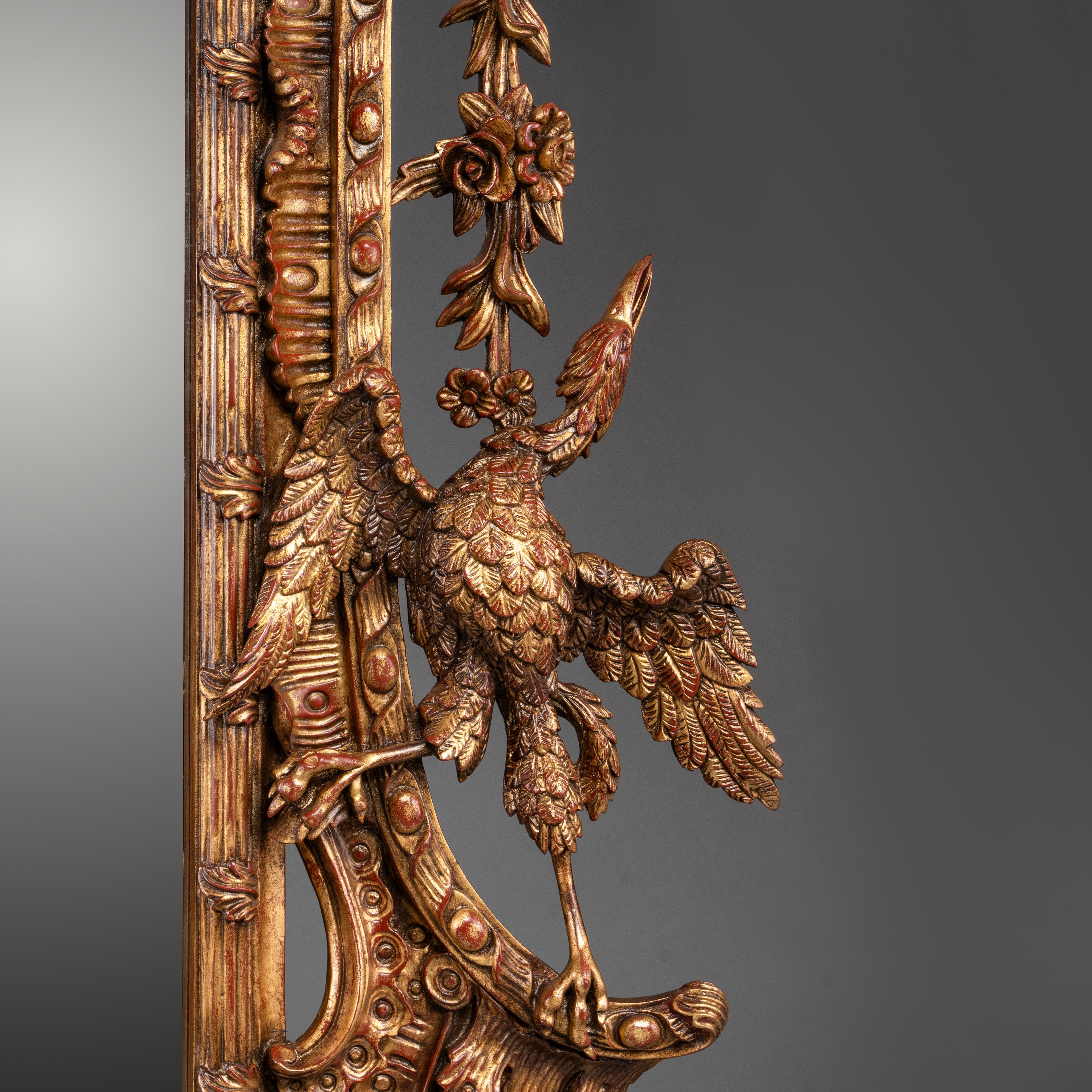 Exquisite Rococo-Style Giltwood Mirror with Detailed Bird Motifs