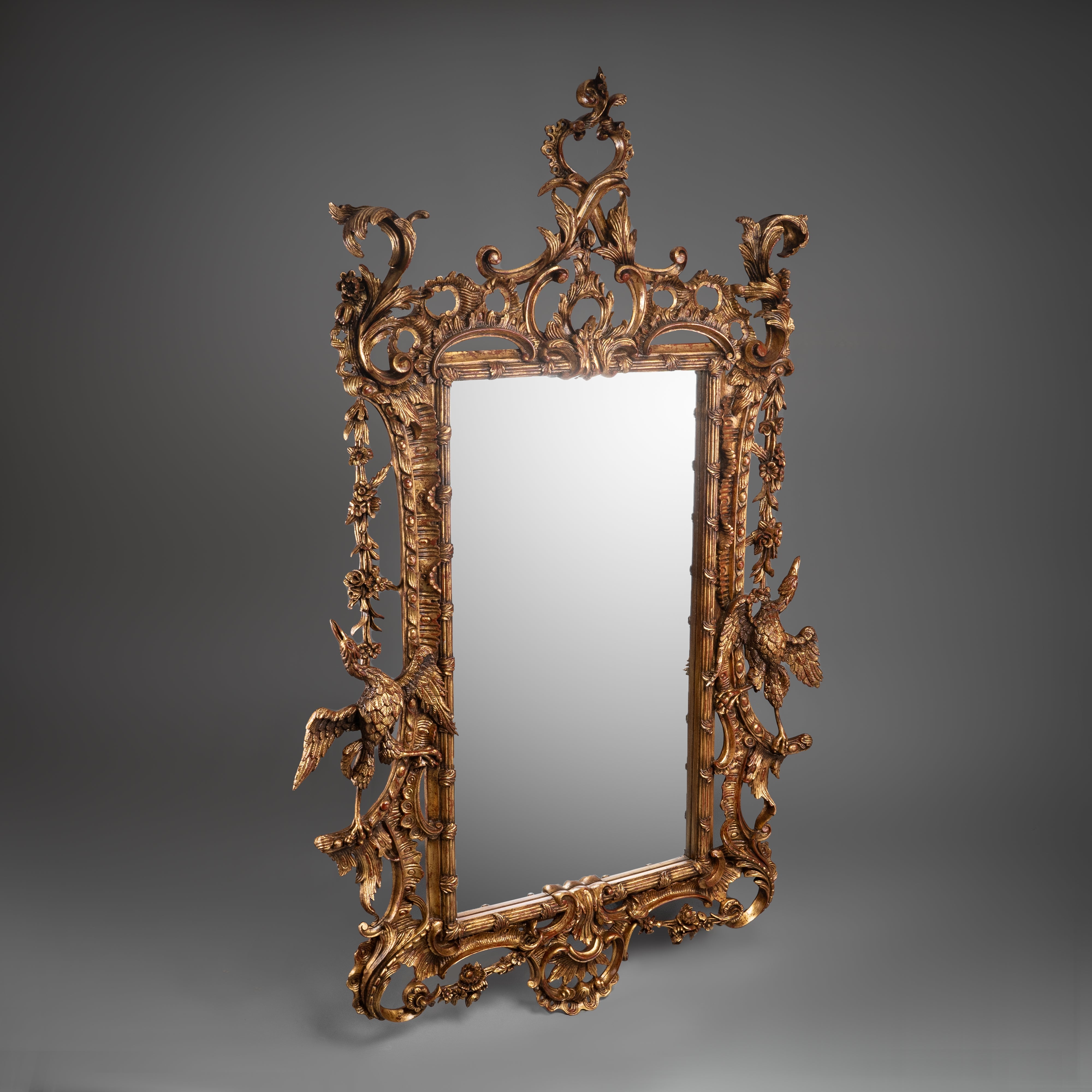 Exquisite Rococo-Style Giltwood Mirror with Detailed Bird Motifs