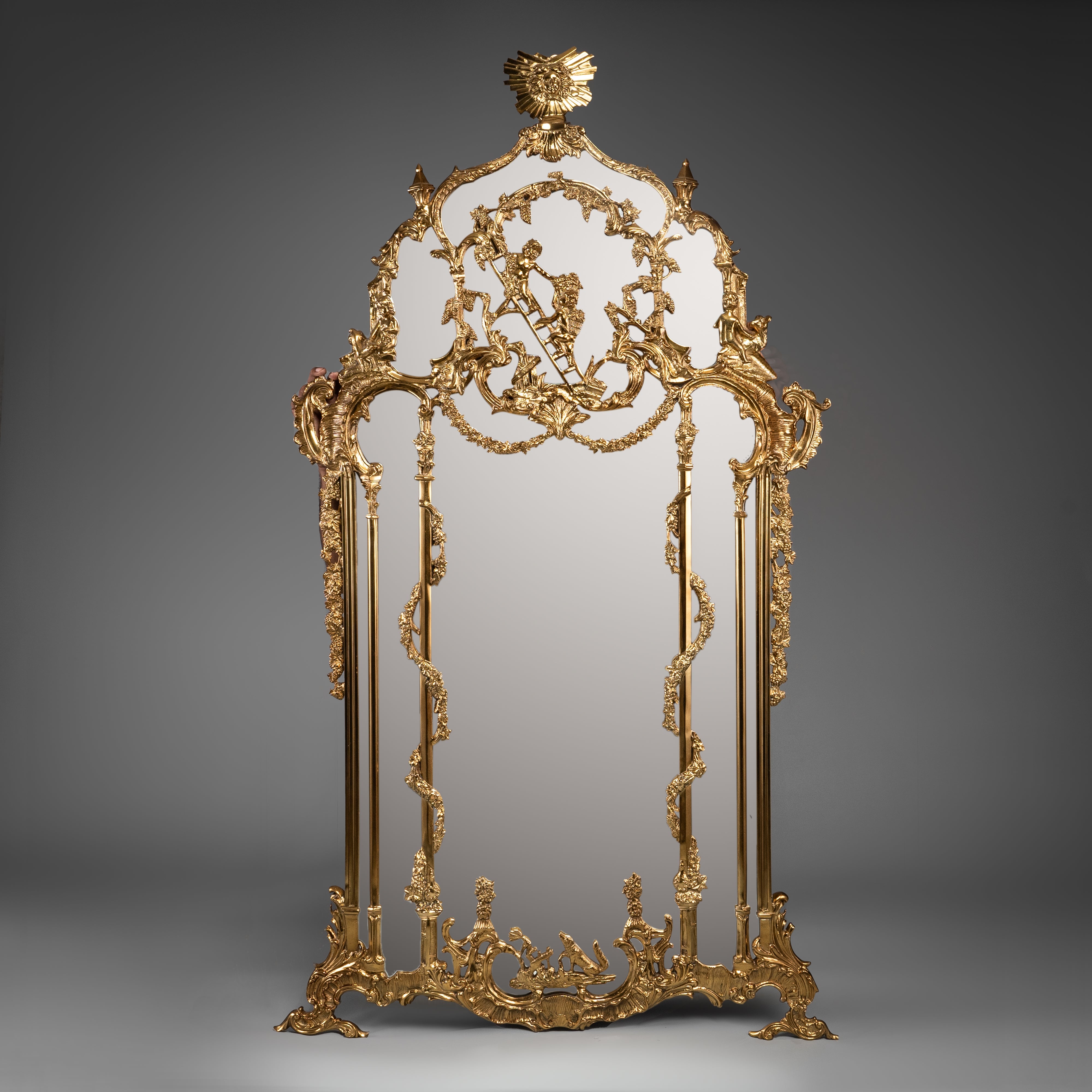 Highly Detailed Rococo-Style Full-Length Mirror in Brass