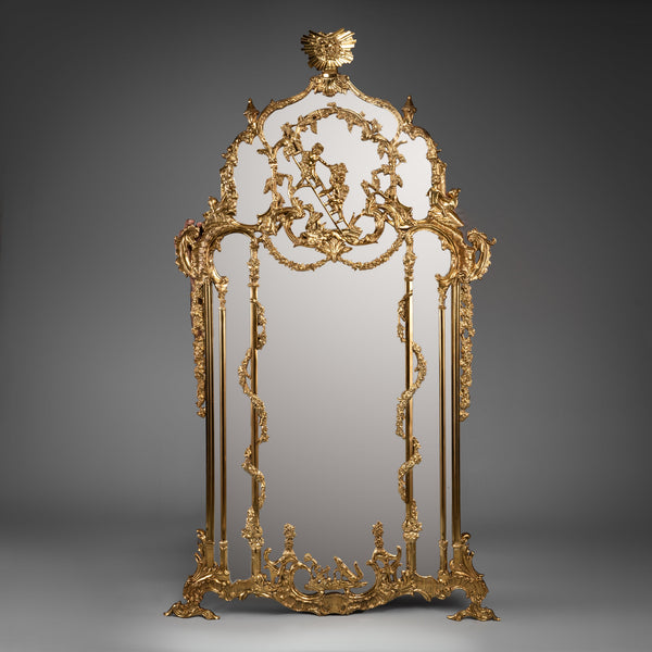Highly Detailed Rococo-Style Full-Length Mirror in Brass