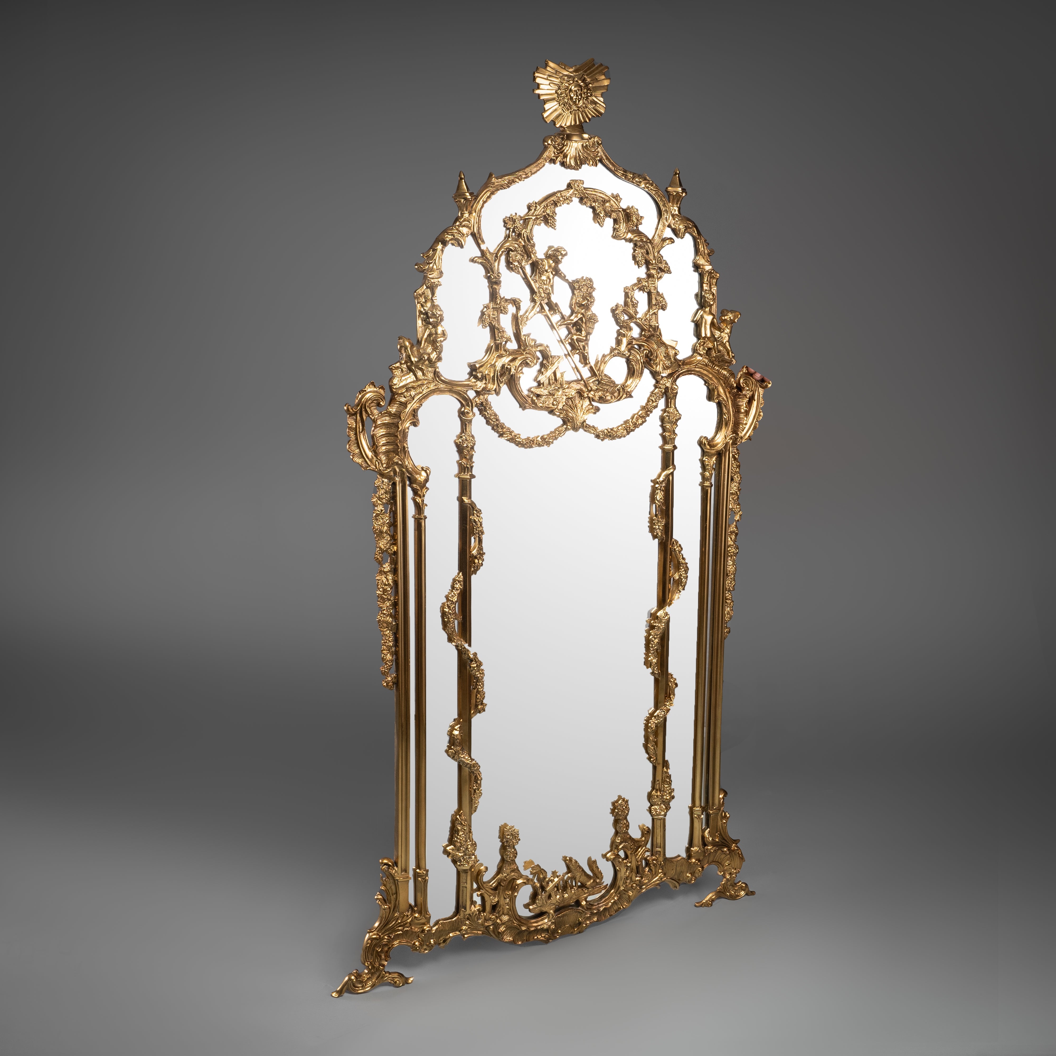Highly Detailed Rococo-Style Full-Length Mirror in Brass