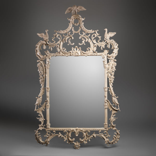 Ornate Carved Ivory-Tone Mirror with Bird and Foliage Motifs