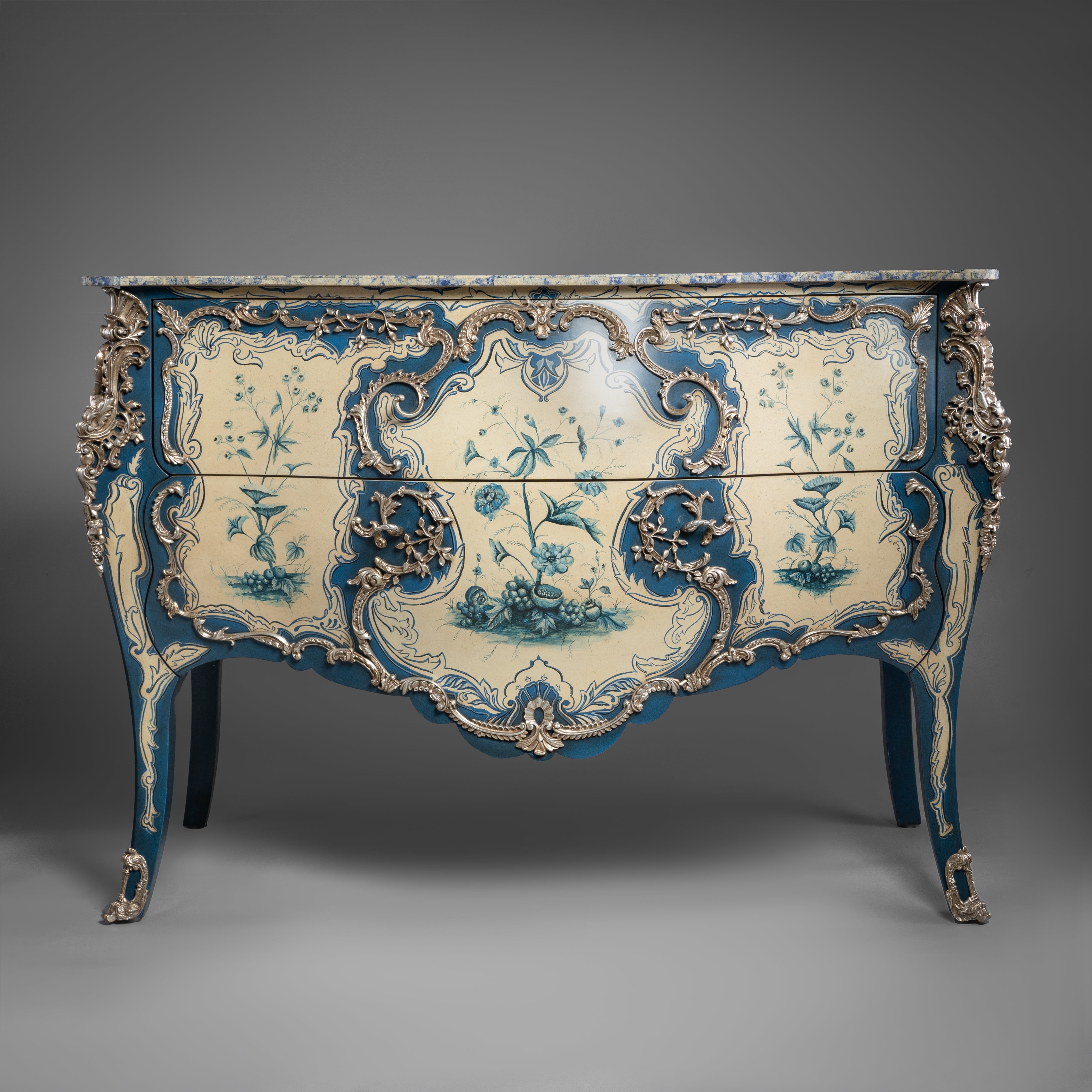 Louis XV Style Hand-Painted Commode with Blue and Cream Floral Design