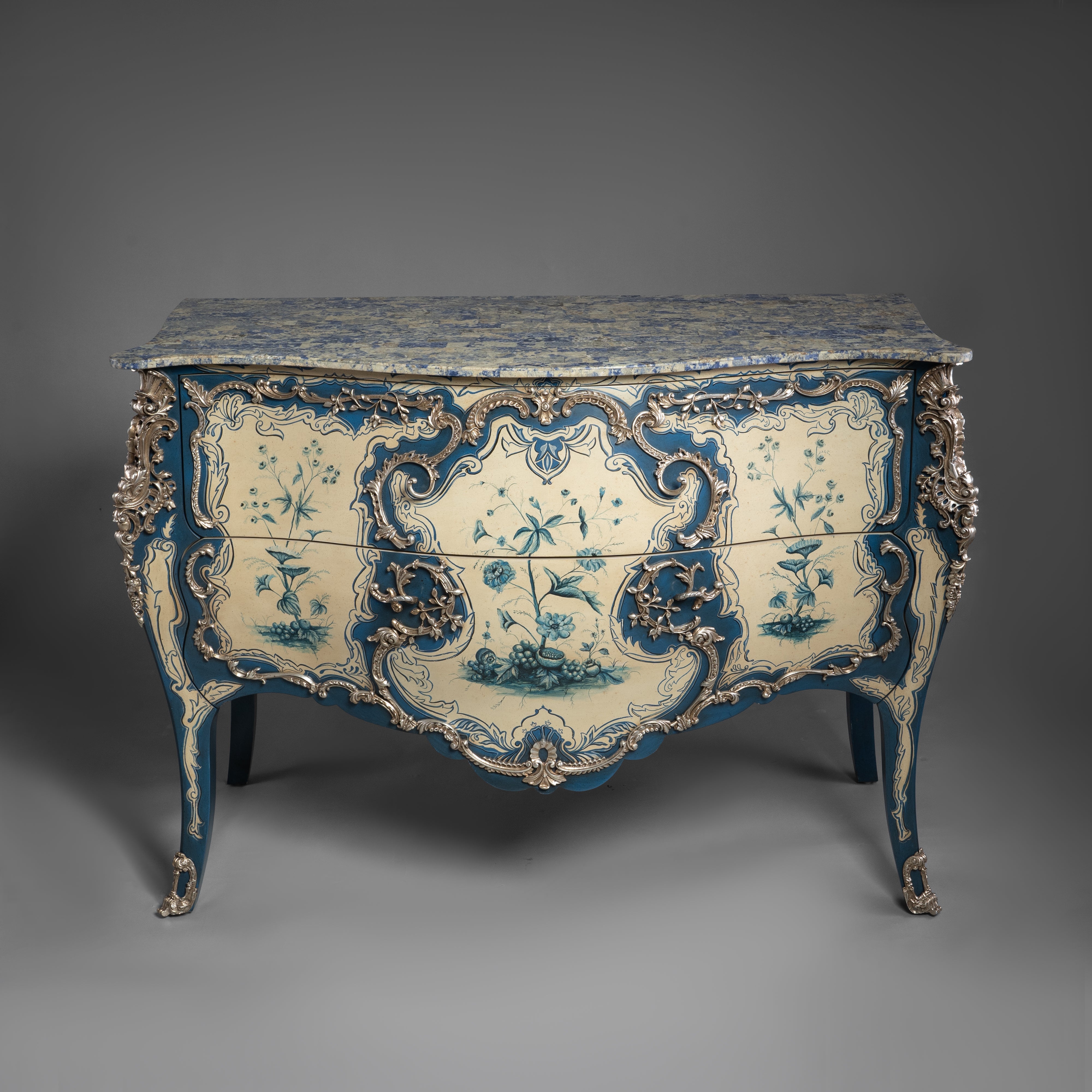 Louis XV Style Hand-Painted Commode with Blue and Cream Floral Design