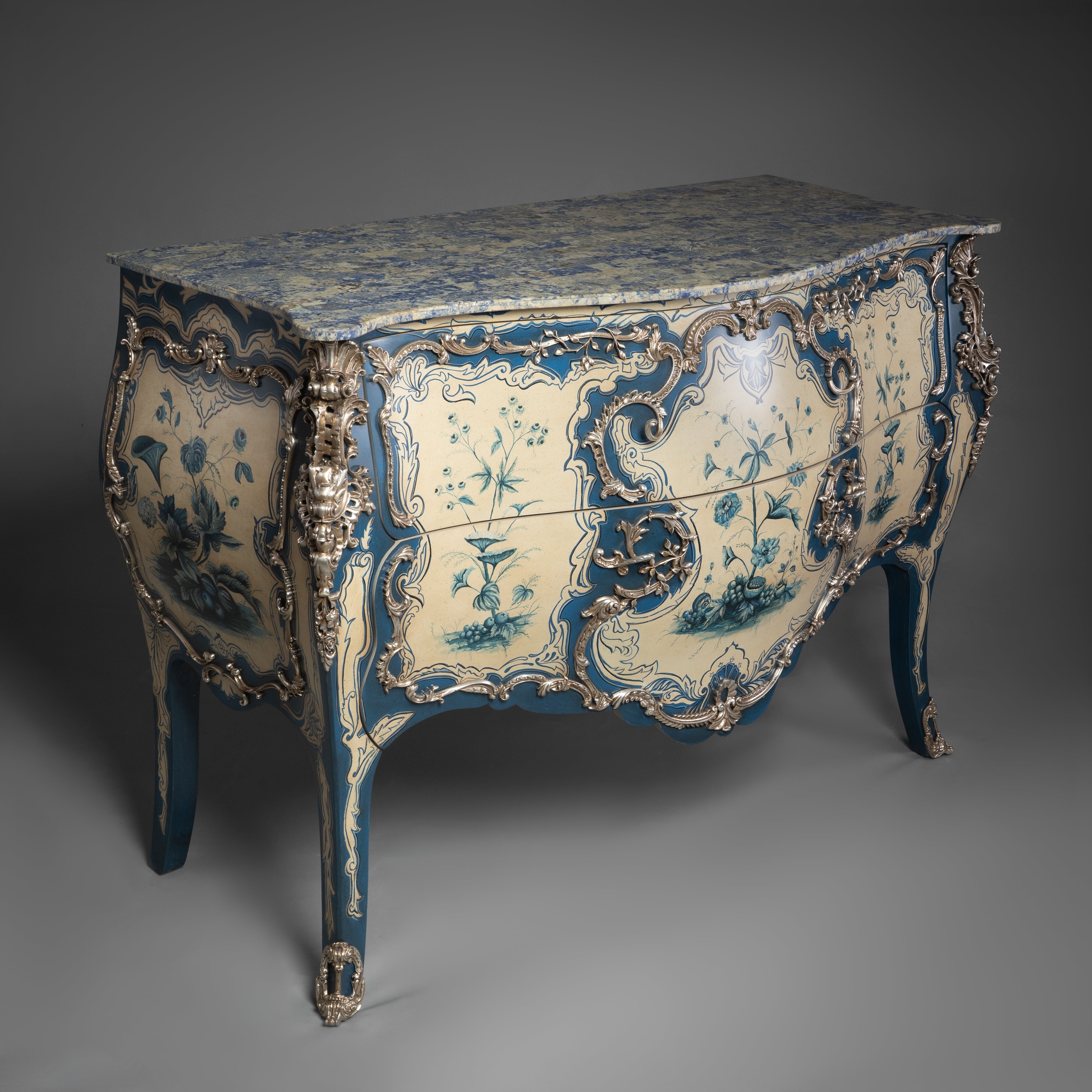 Louis XV Style Hand-Painted Commode with Blue and Cream Floral Design