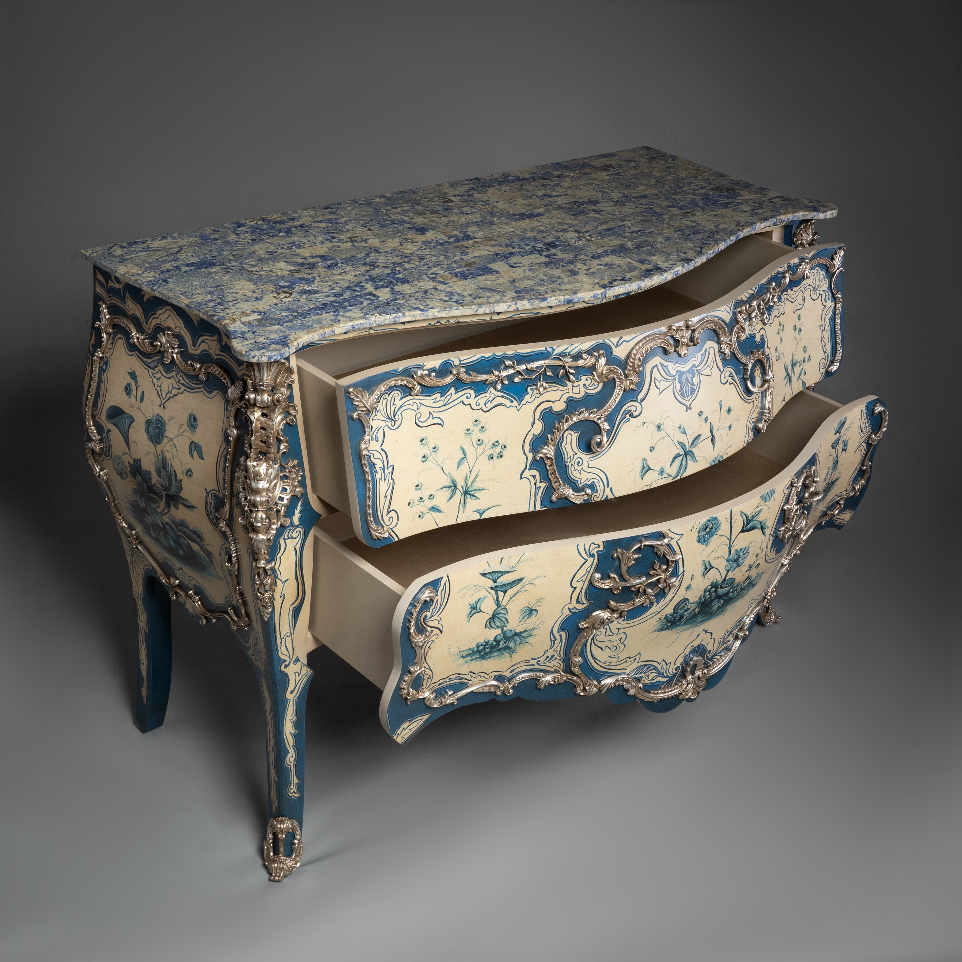 Louis XV Style Hand-Painted Commode with Blue and Cream Floral Design
