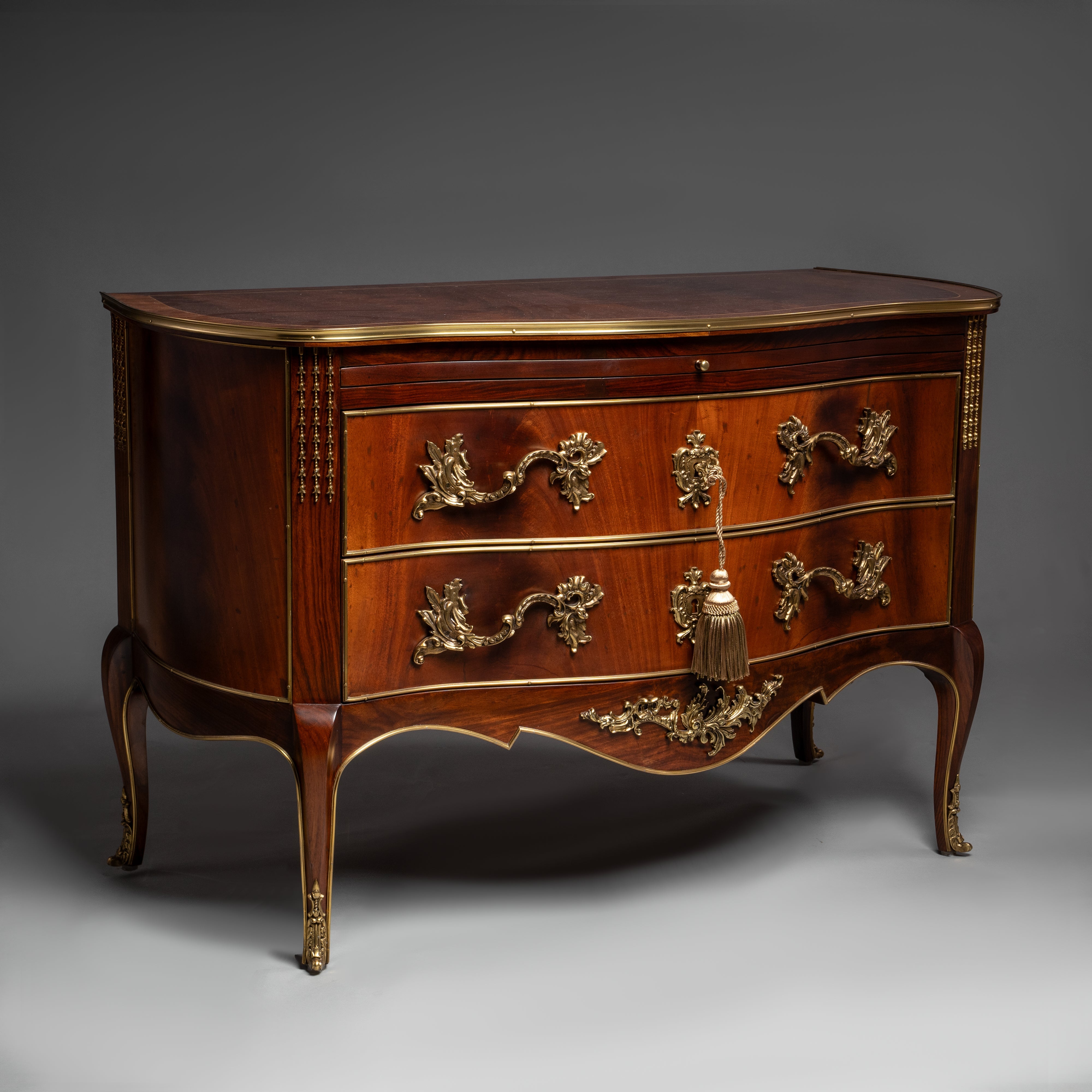 Louis XV Style Mahogany Bedside Table with Brass Ornaments and Serpentine Front
