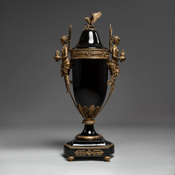 Majestic Black and Gold Neoclassical Lidded Vase with Ornate Figurines