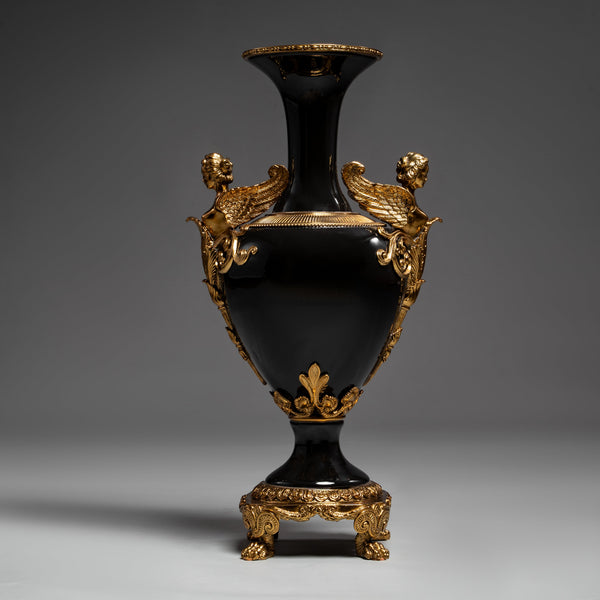 Elegant Black and Gold Neoclassical Vase with Winged Figures