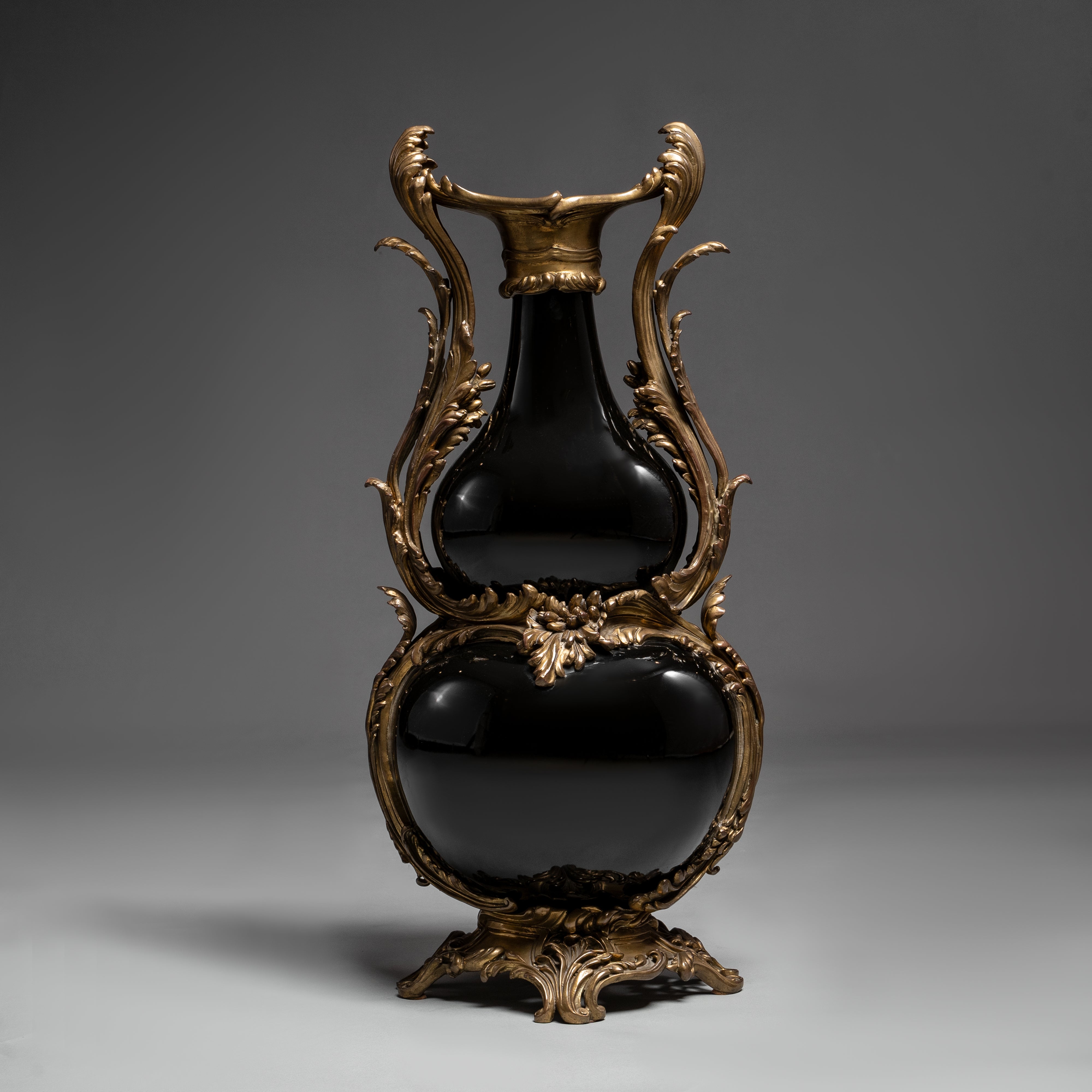 Antique Black Vase with Ornate Brass Mounts