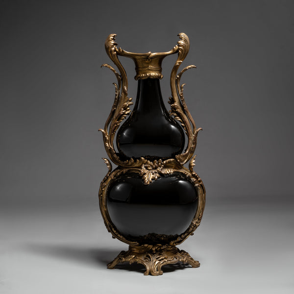 Antique Black Vase with Ornate Brass Mounts