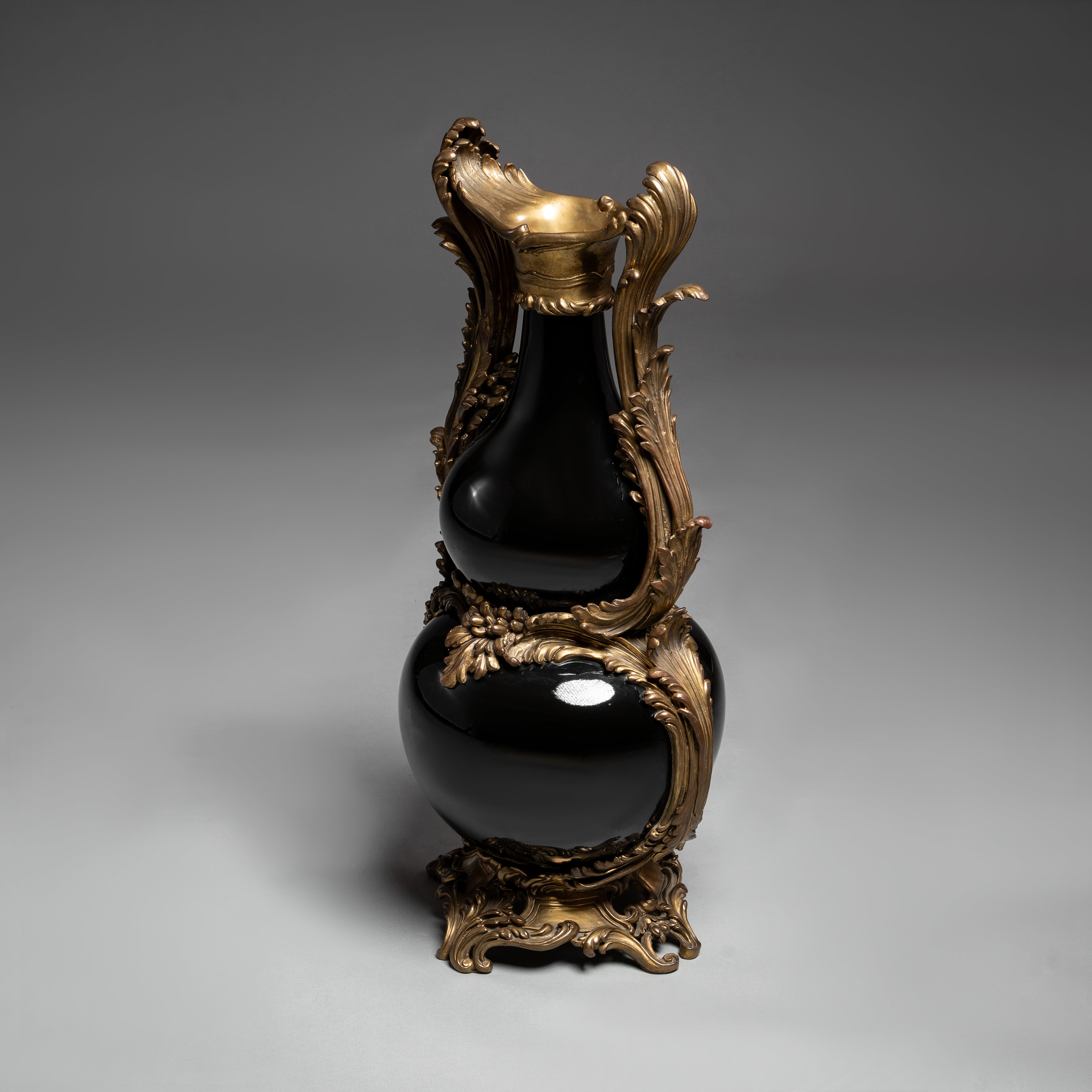 Antique Black Vase with Ornate Brass Mounts