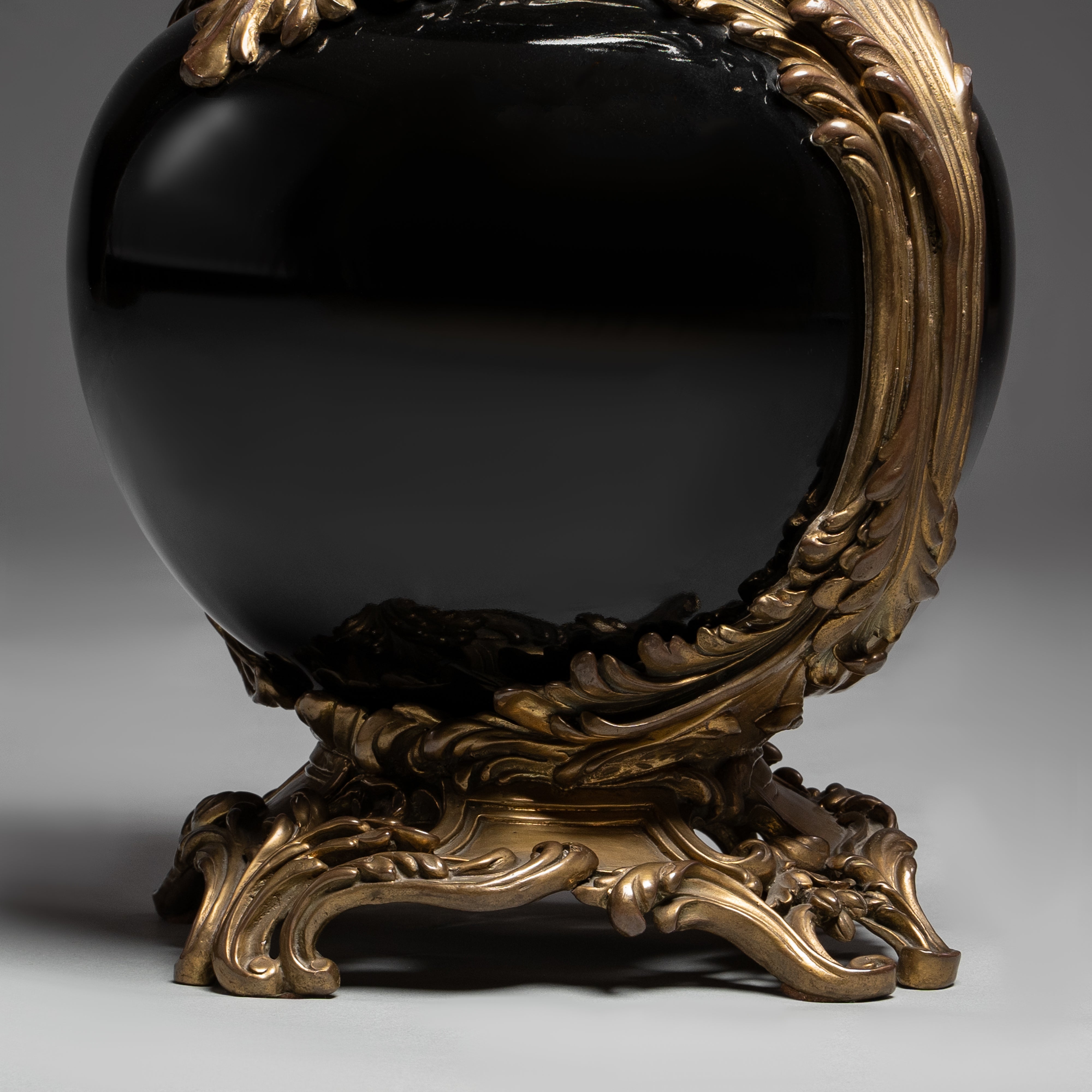 Antique Black Vase with Ornate Brass Mounts