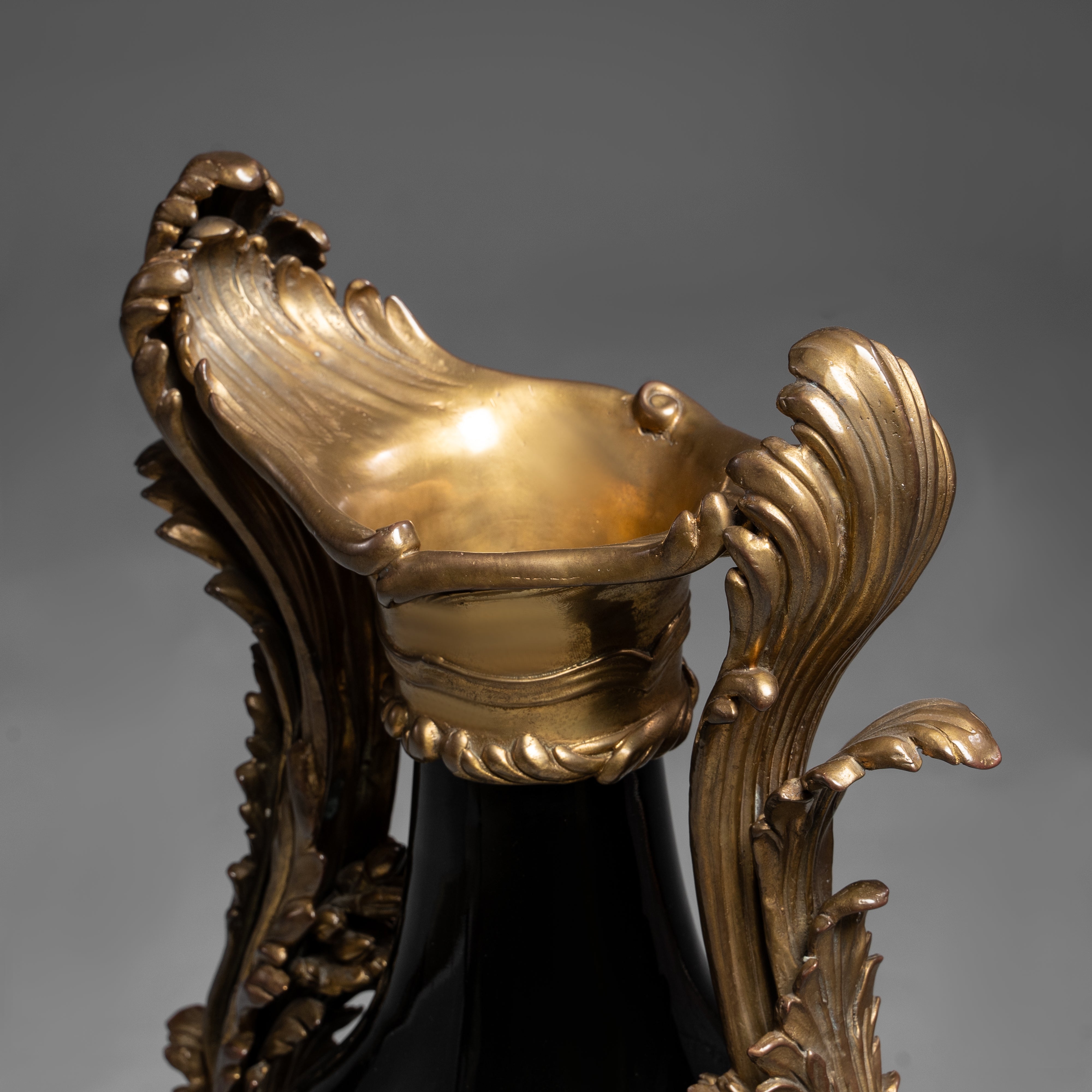 Antique Black Vase with Ornate Brass Mounts