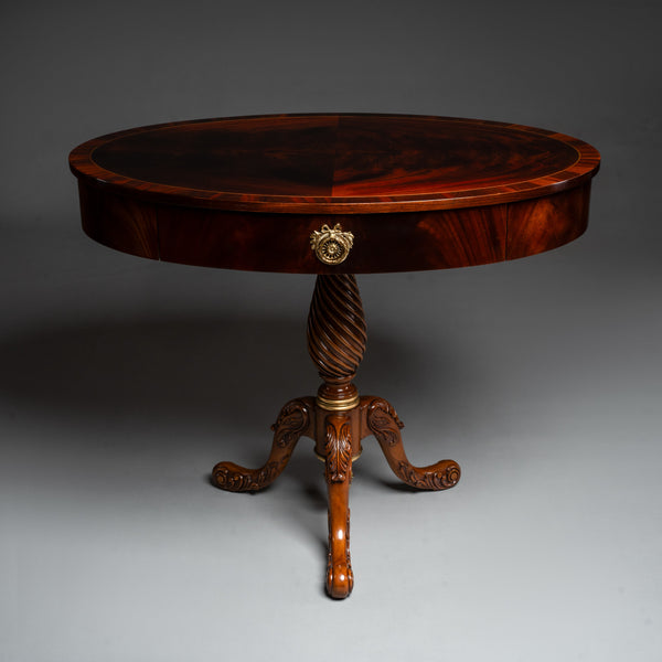 Regency Style Oval Center Table with Carved Pedestal and Brass Ornaments