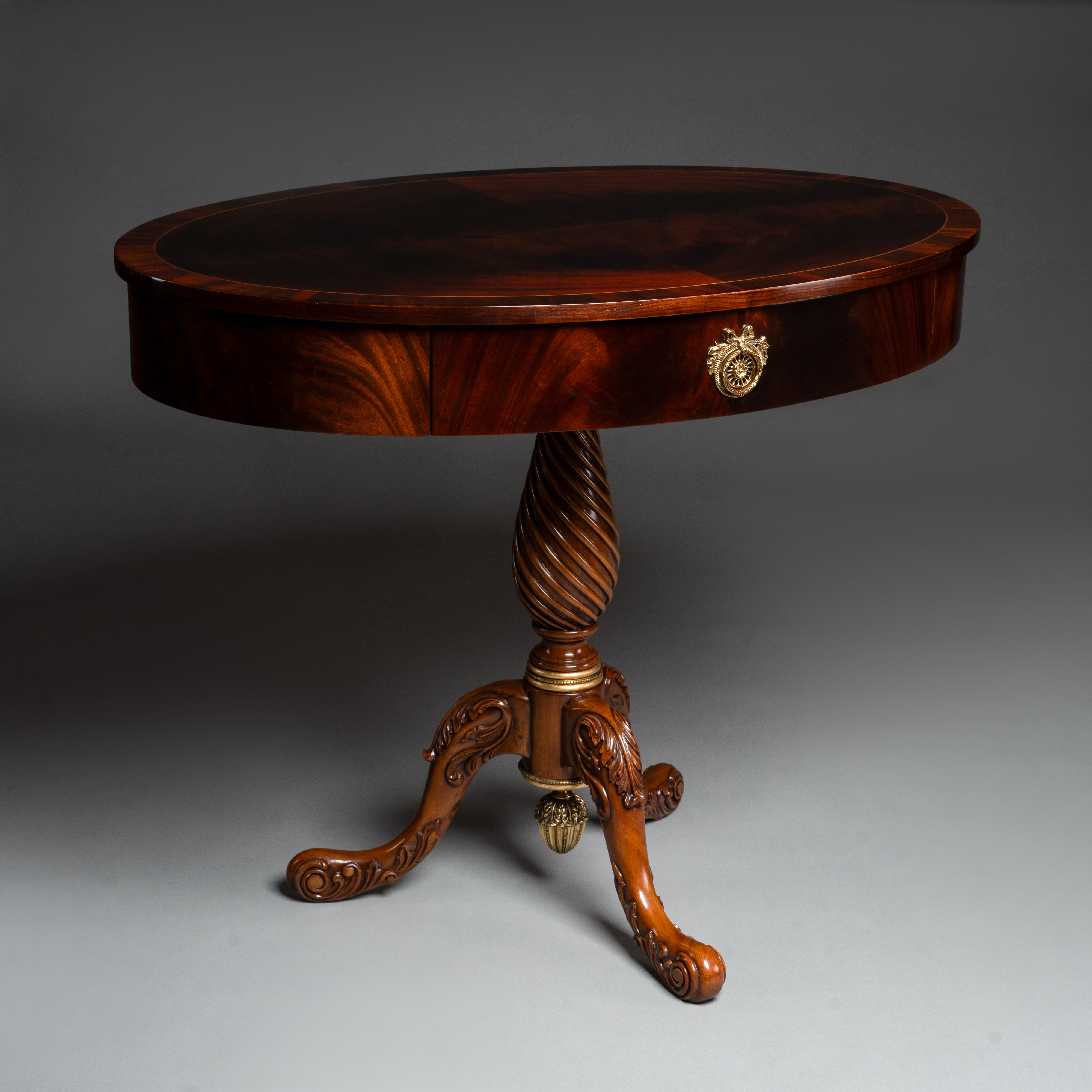 Regency Style Oval Center Table with Carved Pedestal and Brass Ornaments