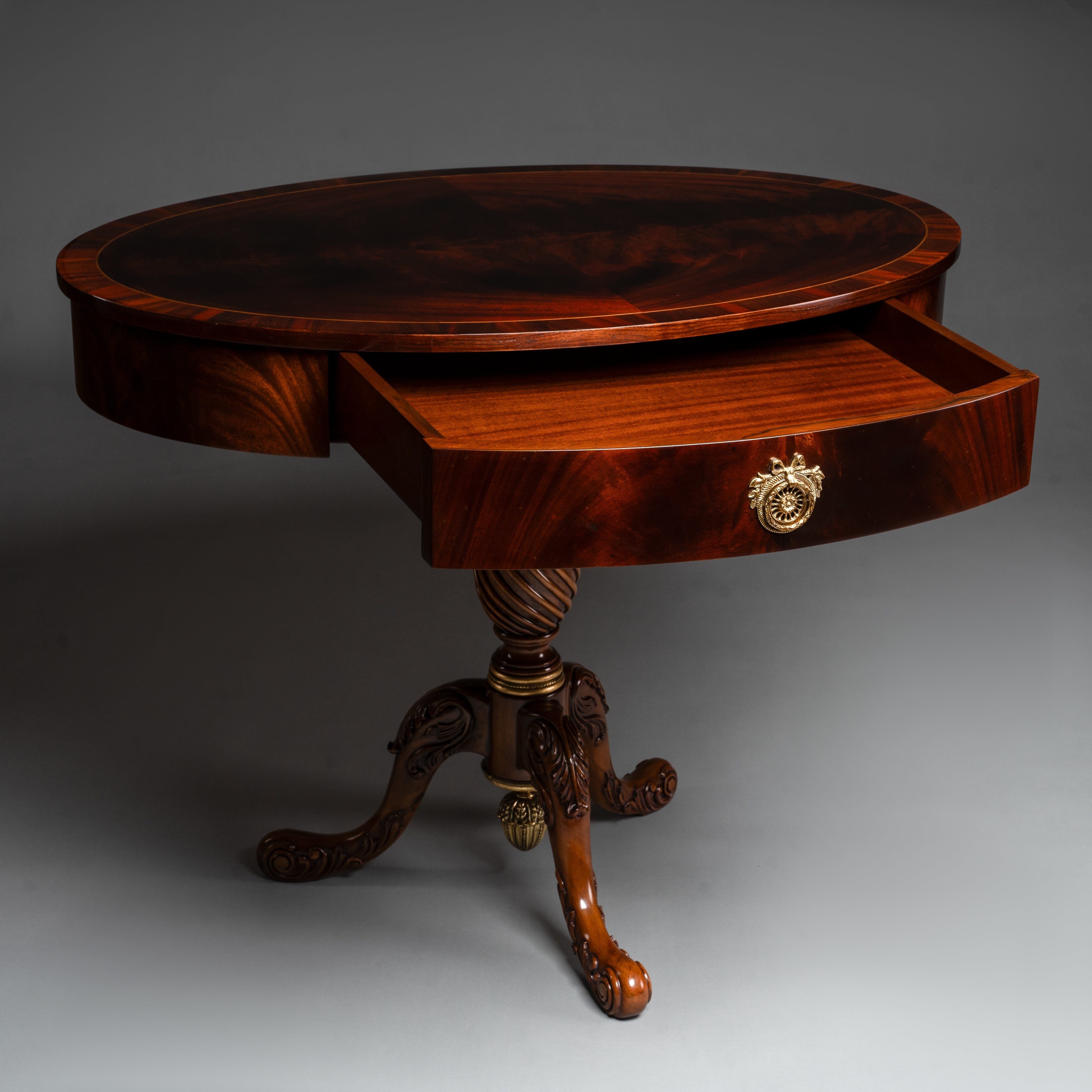 Regency Style Oval Center Table with Carved Pedestal and Brass Ornaments