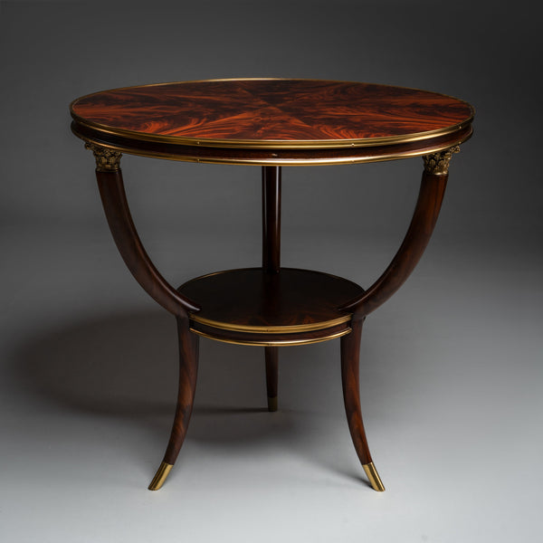 Round Empire Style Center Table with Brass Accents and Mahogany Veneer